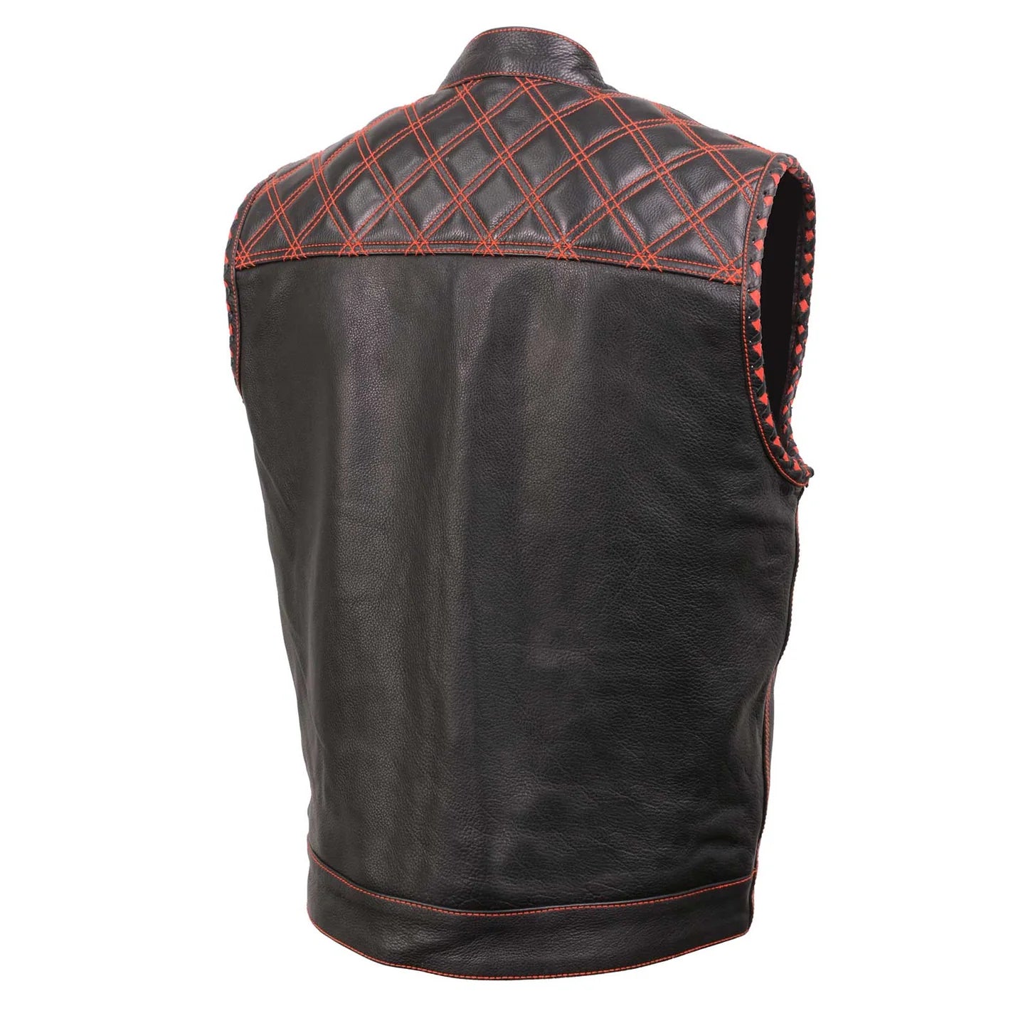 Men's Black 'Paisley' Accented Red Stitching Leather Vest – w/ Armhole Trim Open Collar Design