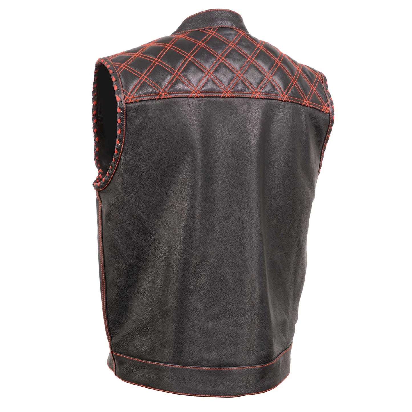 Men's Black 'Paisley' Accented Red Stitching Leather Vest – w/ Armhole Trim Open Collar Design