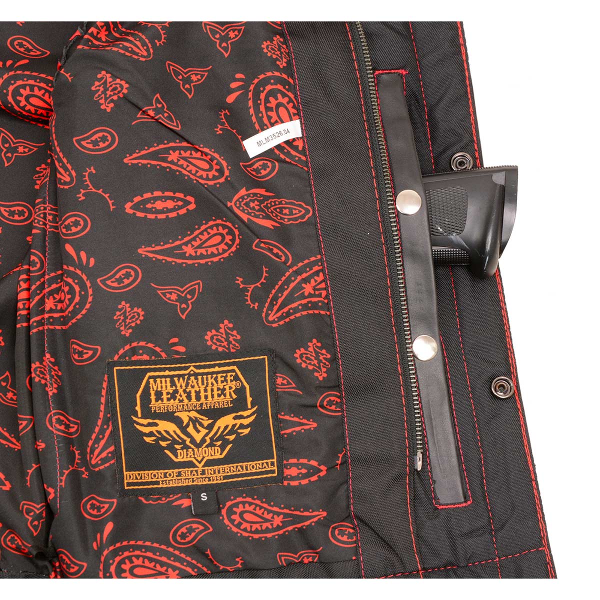 Men's Black 'Paisley' Accented Red Stitching Leather Vest – w/ Armhole Trim Open Collar Design