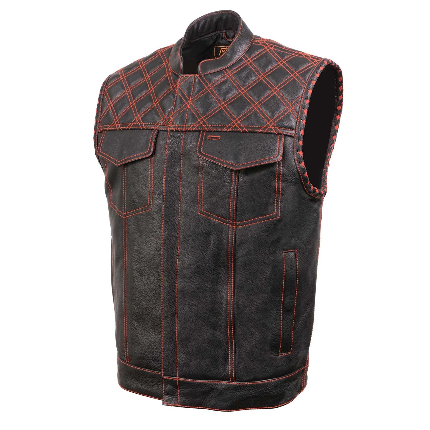 Men's Black 'Paisley' Accented Red Stitching Leather Vest – w/ Armhole Trim Open Collar Design