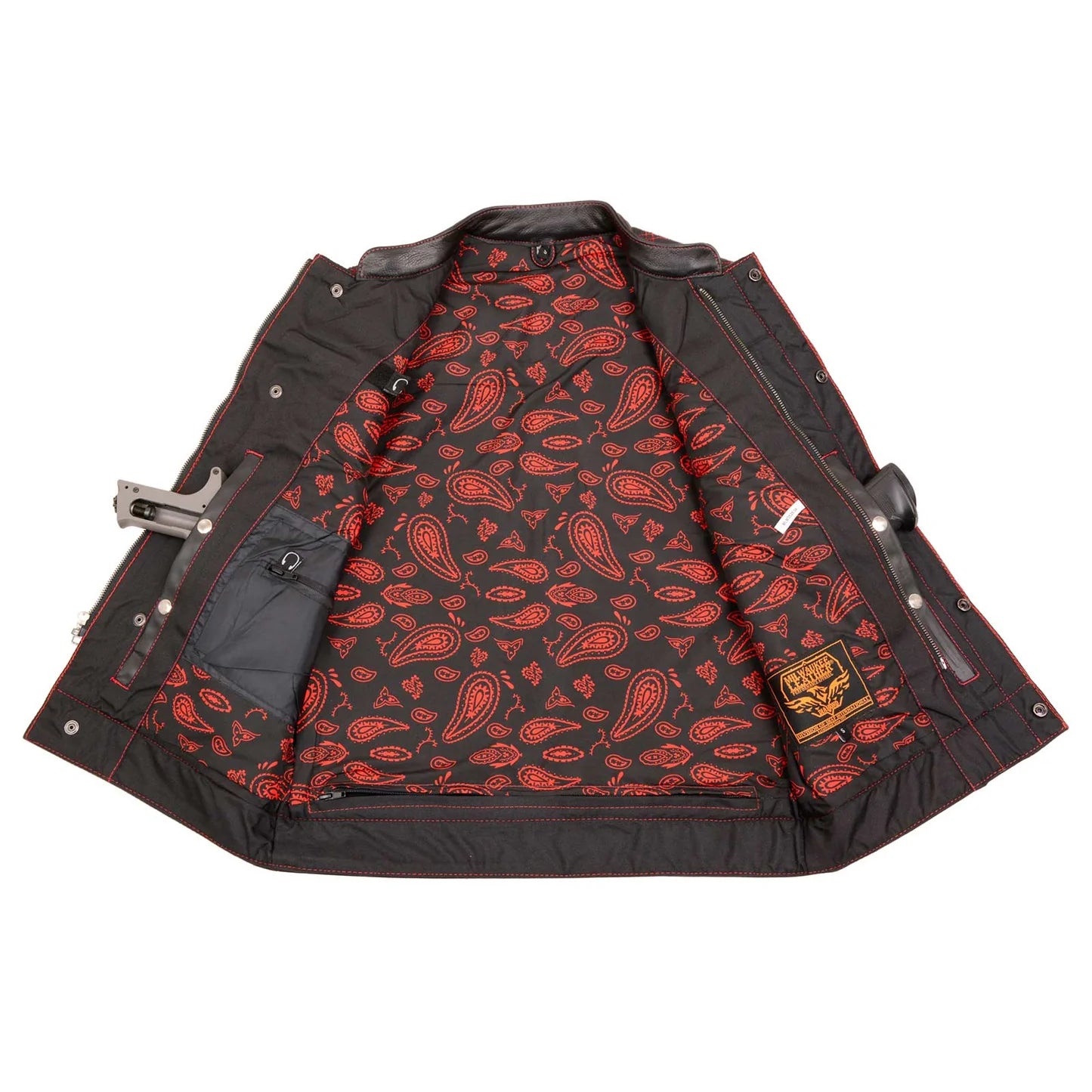 Men's Black 'Paisley' Accented Red Stitching Leather Vest – w/ Armhole Trim Open Collar Design