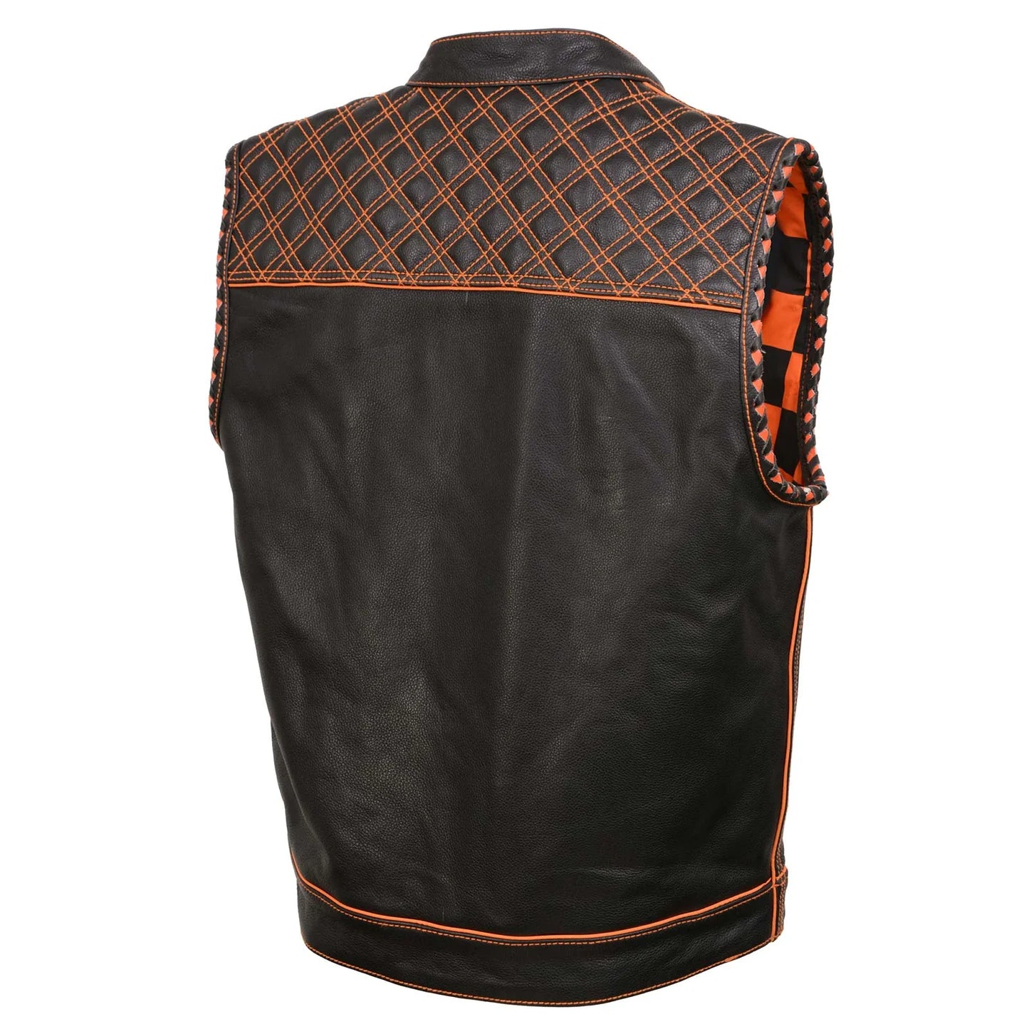 Men's Black 'Checkered Flag' Accented Orange Stitching Leather Vest – W/ Armhole Trim