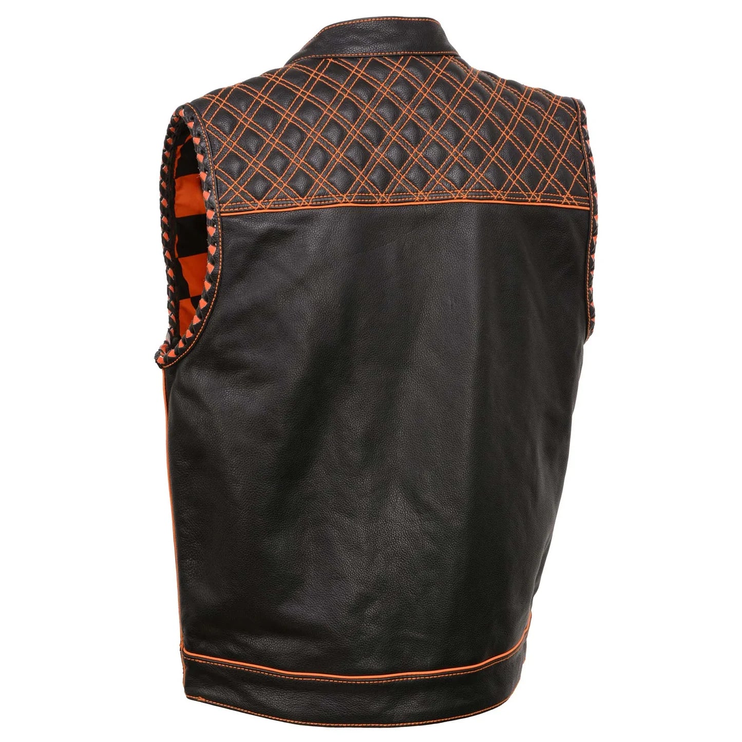 Men's Black 'Checkered Flag' Accented Orange Stitching Leather Vest – W/ Armhole Trim