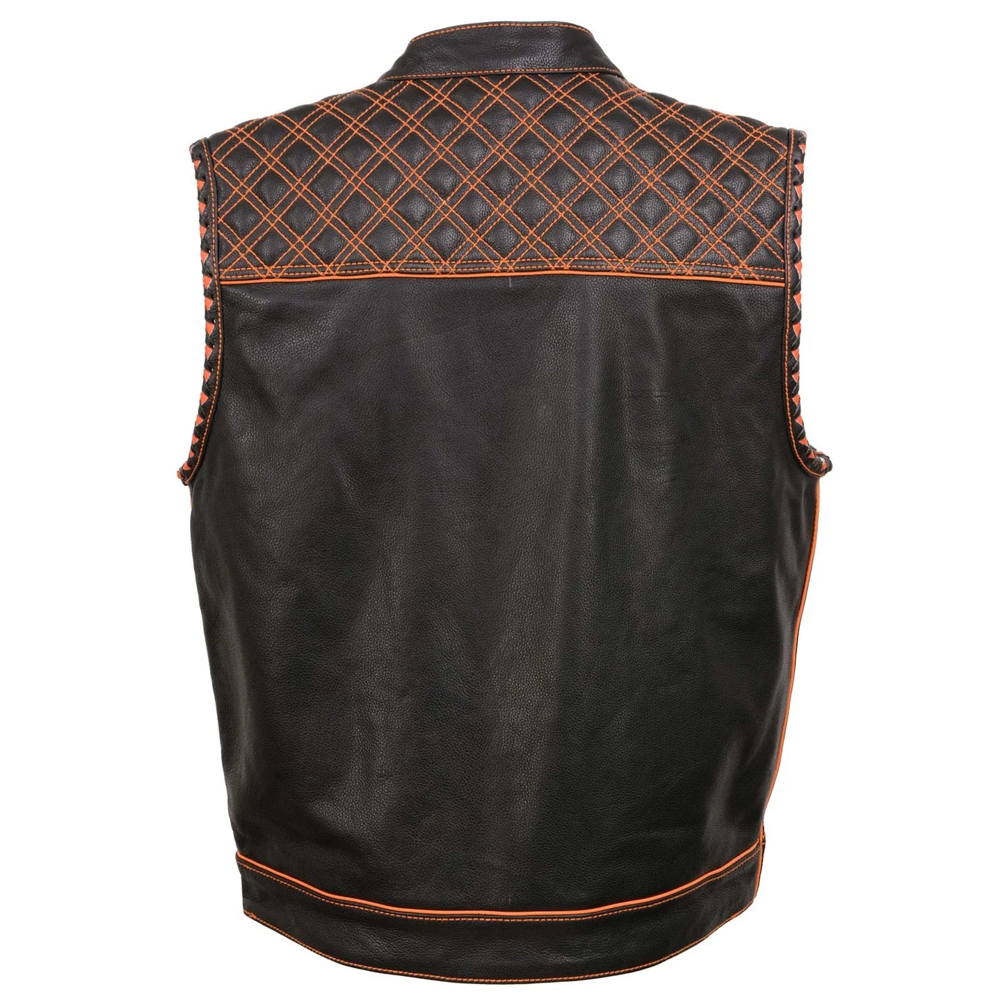 Men's Black 'Checkered Flag' Accented Orange Stitching Leather Vest – W/ Armhole Trim