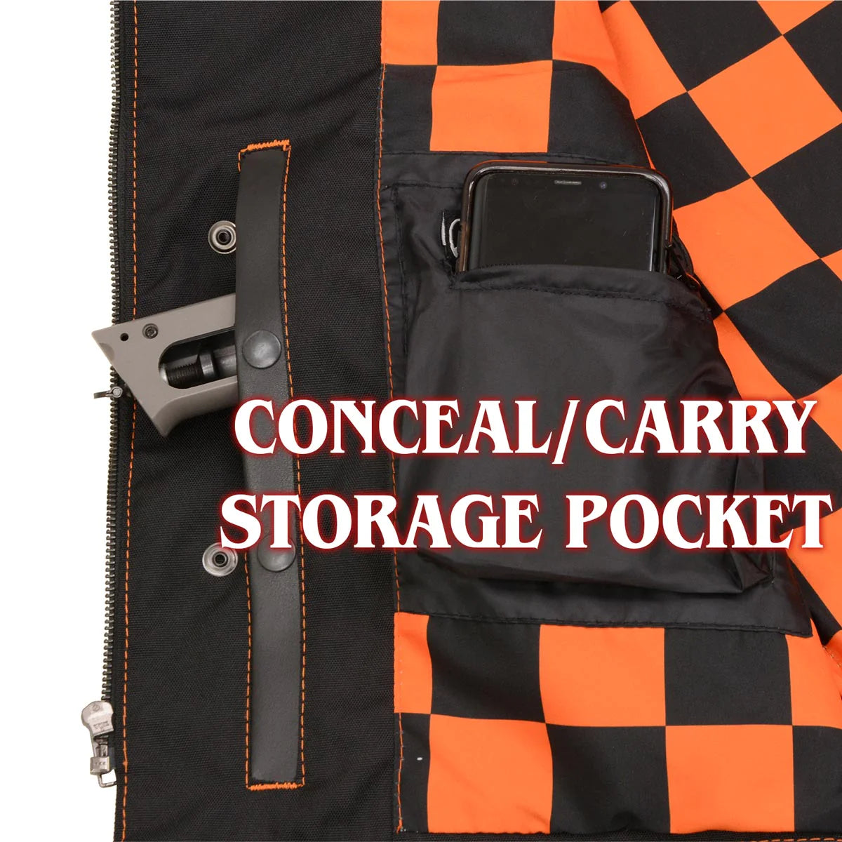 Men's Black 'Checkered Flag' Accented Orange Stitching Leather Vest – W/ Armhole Trim