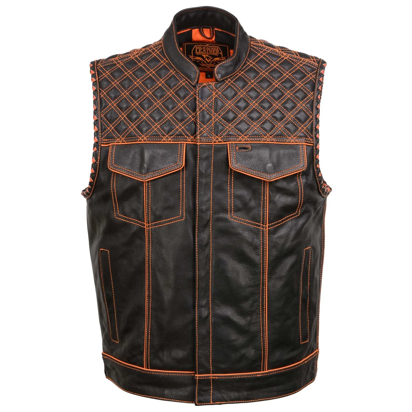 Men's Black 'Checkered Flag' Accented Orange Stitching Leather Vest – W/ Armhole Trim