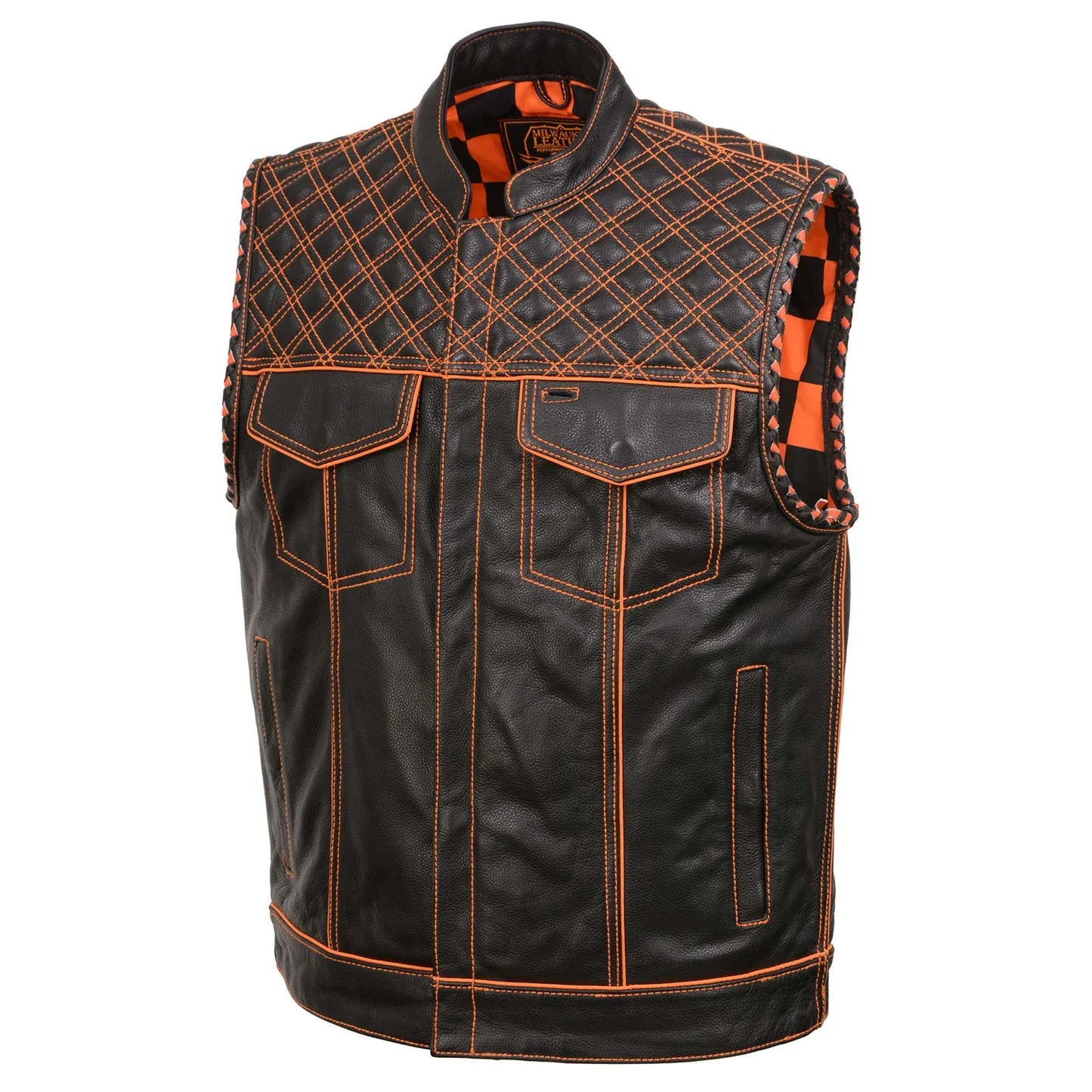 Men's Black 'Checkered Flag' Accented Orange Stitching Leather Vest – W/ Armhole Trim