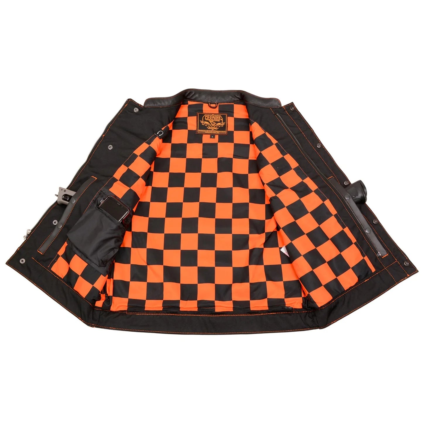 Men's Black 'Checkered Flag' Accented Orange Stitching Leather Vest – W/ Armhole Trim