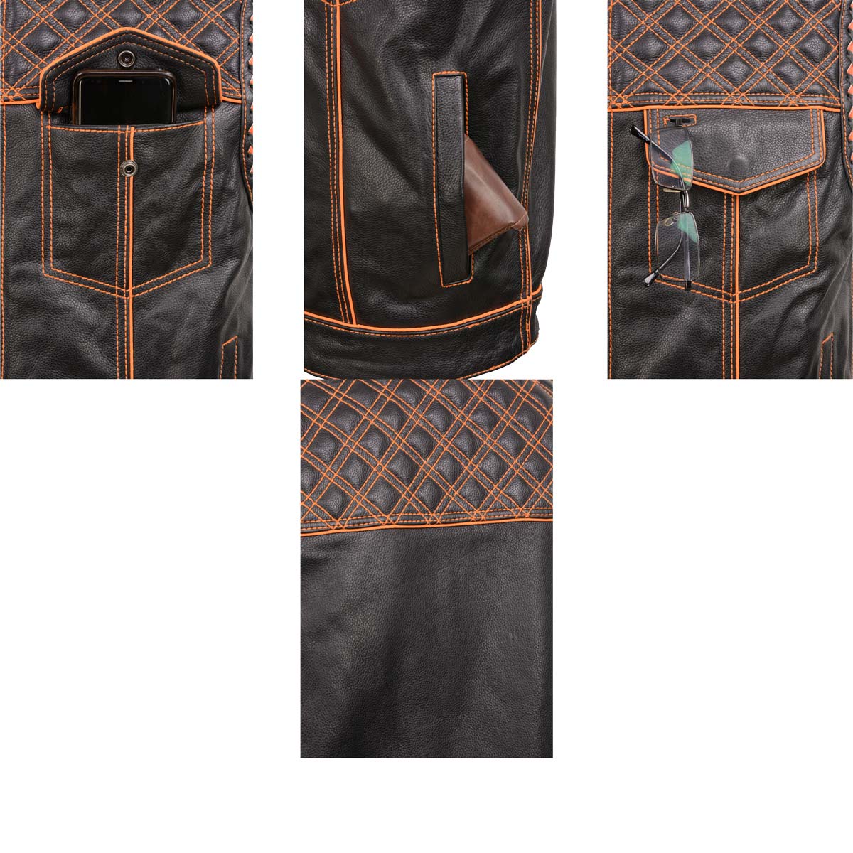 Men's Black 'Checkered Flag' Accented Orange Stitching Leather Vest – W/ Armhole Trim