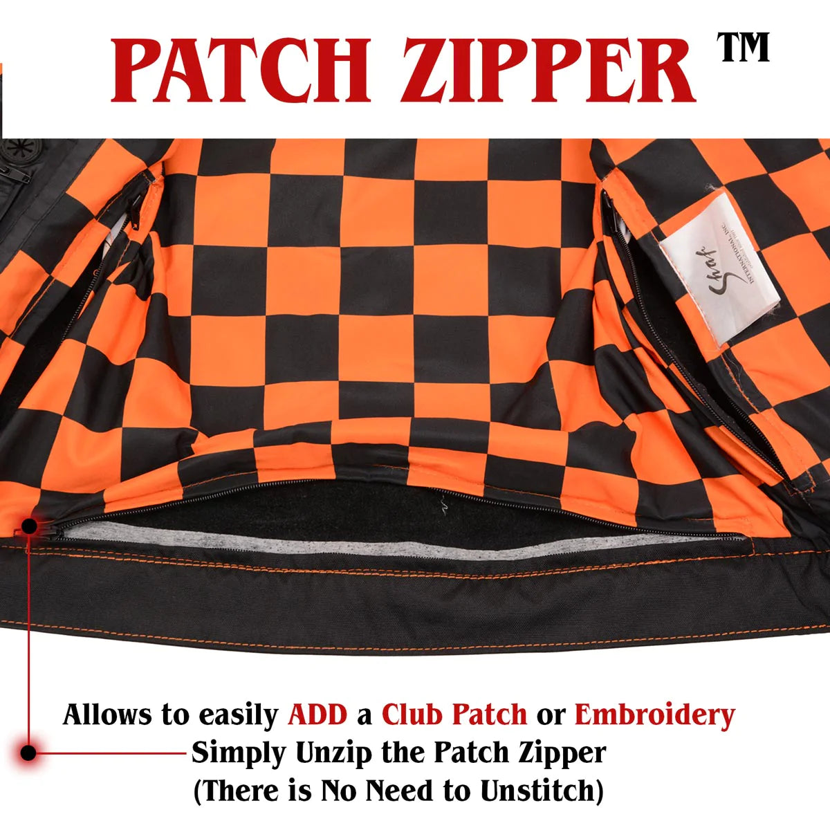 Men's Black 'Checkered Flag' Accented Orange Stitching Leather Vest – W/ Armhole Trim