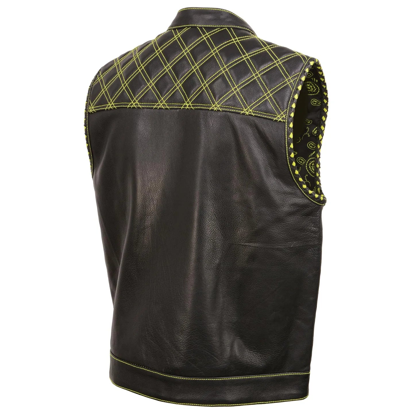 Men's Black 'Paisley' Accented Neon Green Stitching Leather Vest w/Armhole Trim