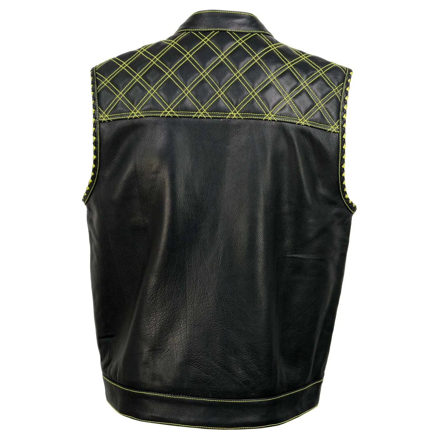 Men's Black 'Paisley' Accented Neon Green Stitching Leather Vest w/Armhole Trim