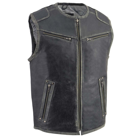Men's Classic Vintage Distressed Grey Motorcycle Leather Vest