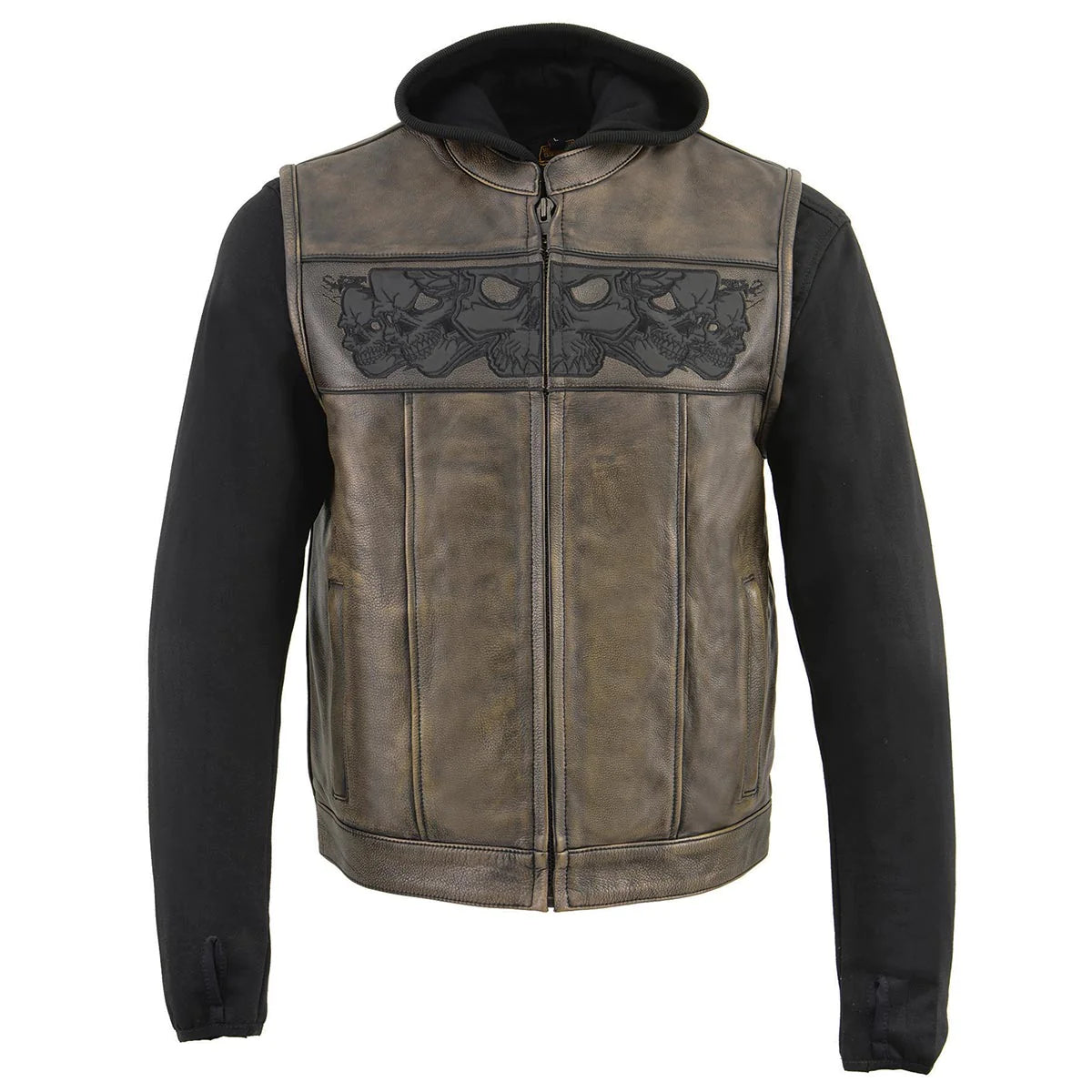 Men's '2 in 1' Distressed Brown Leather Vest with Reflective Skulls