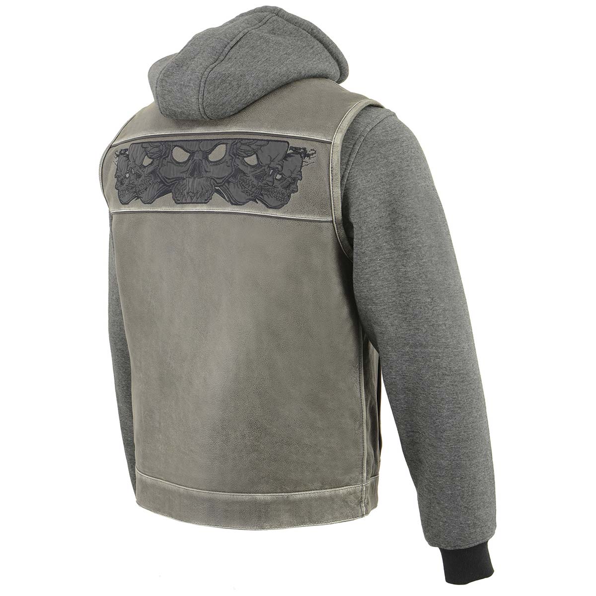 Men's '2 in 1' Distressed Grey Leather Vest with Reflective Skulls