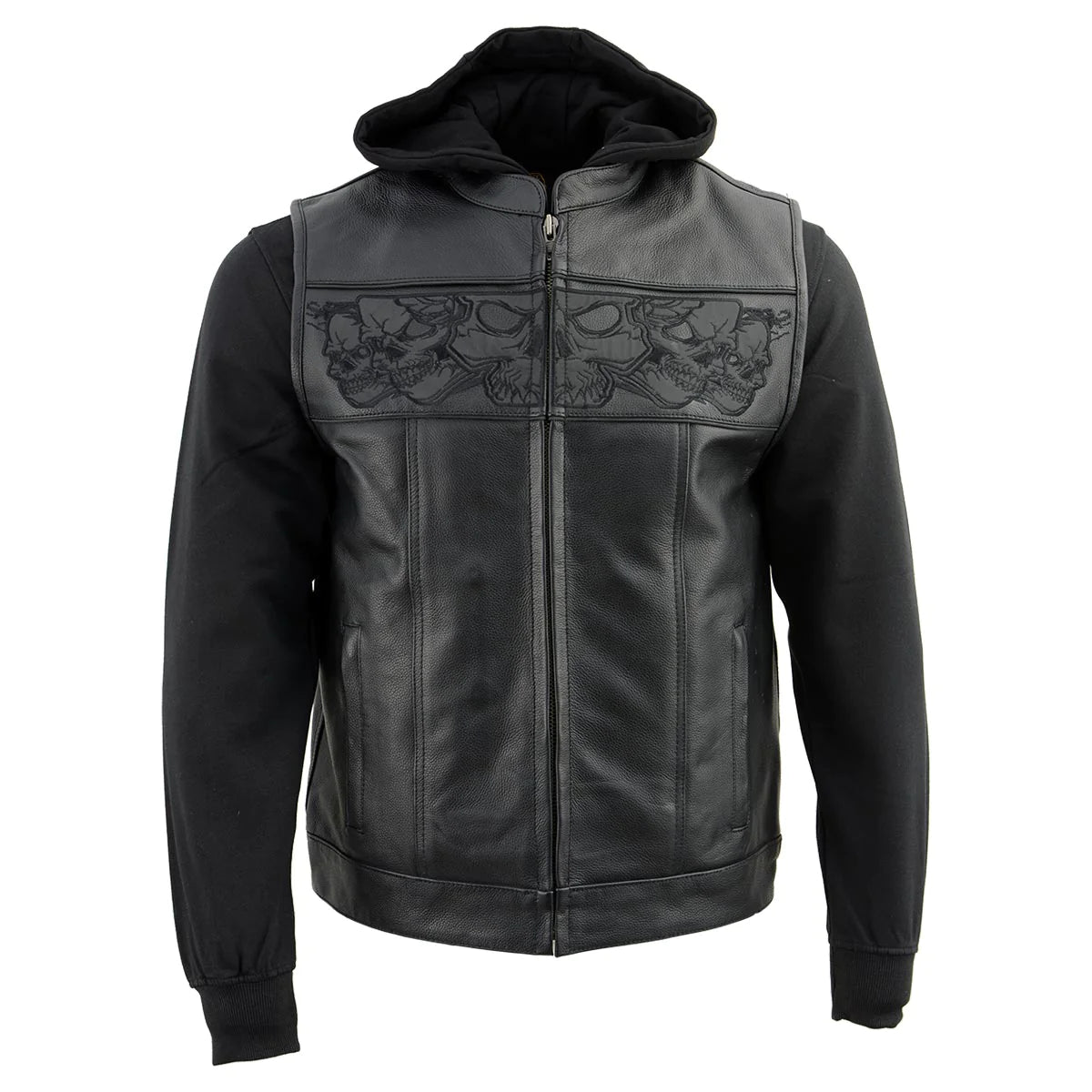 Men's '2 in 1' Black Leather Vest with Reflective Skulls