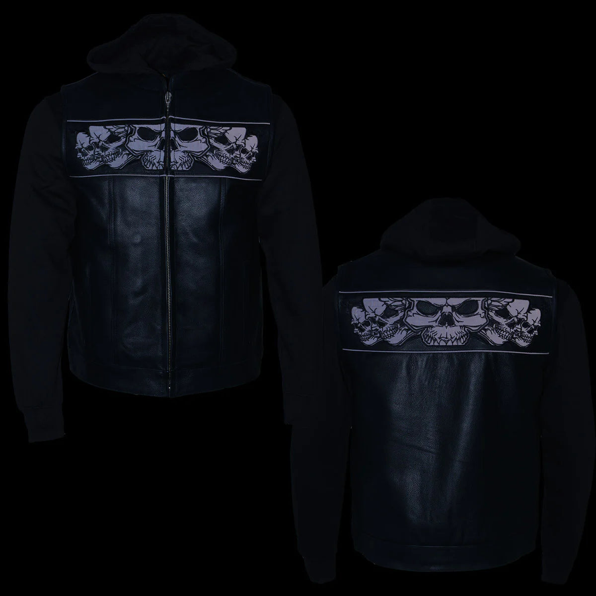 Men's '2 in 1' Black Leather Vest with Reflective Skulls