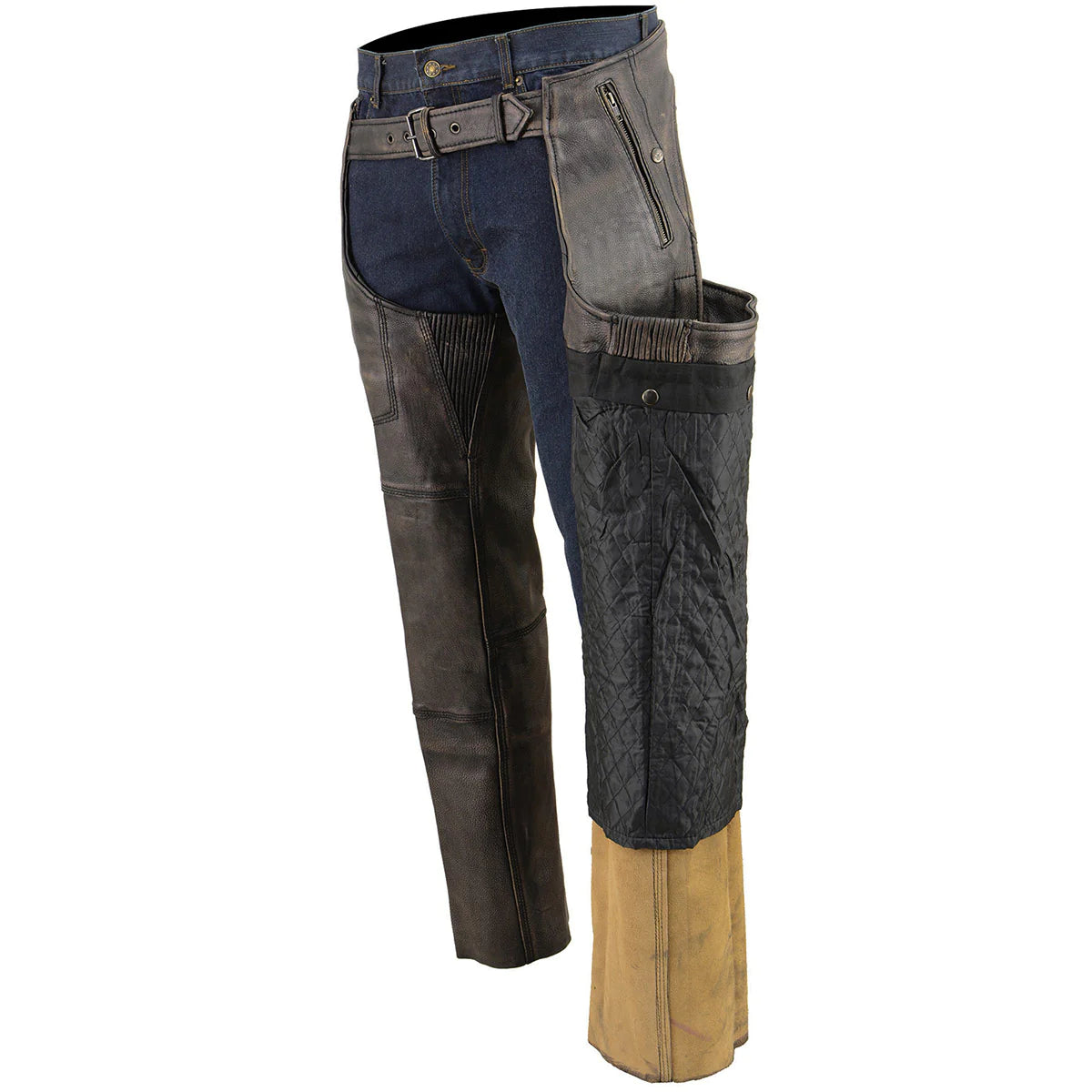 Men's Distressed Brown Four Pocket Thermal Lined Leather Chaps