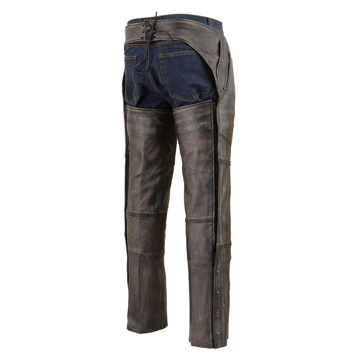 Men's Distressed Brown Four Pocket Thermal Lined Leather Chaps