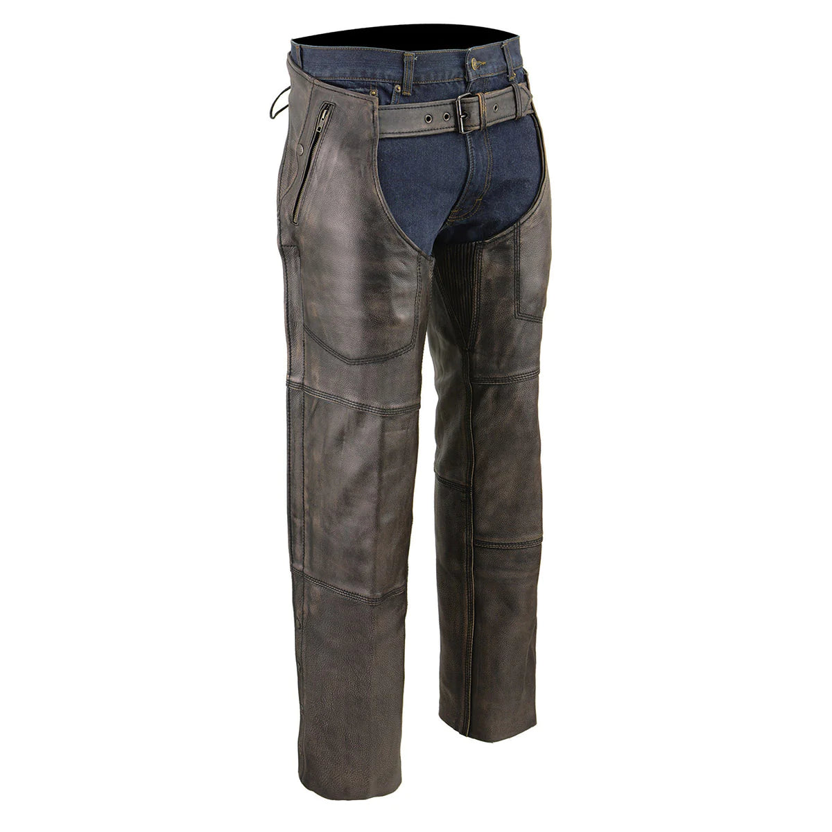 Men's Distressed Brown Four Pocket Thermal Lined Leather Chaps