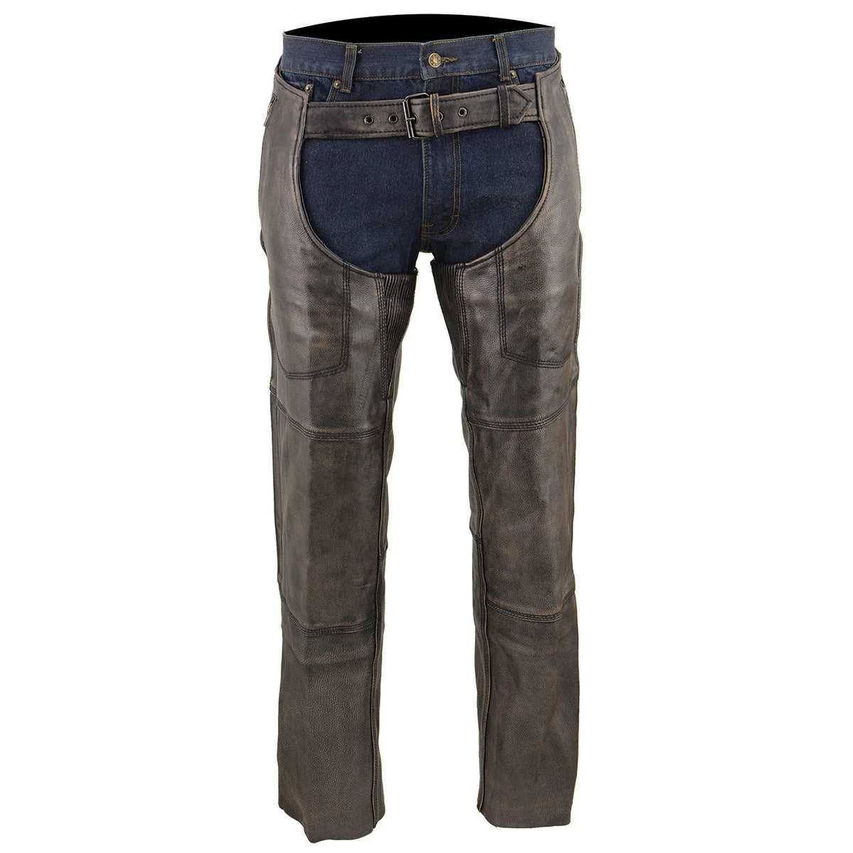 Men's Distressed Brown Four Pocket Thermal Lined Leather Chaps