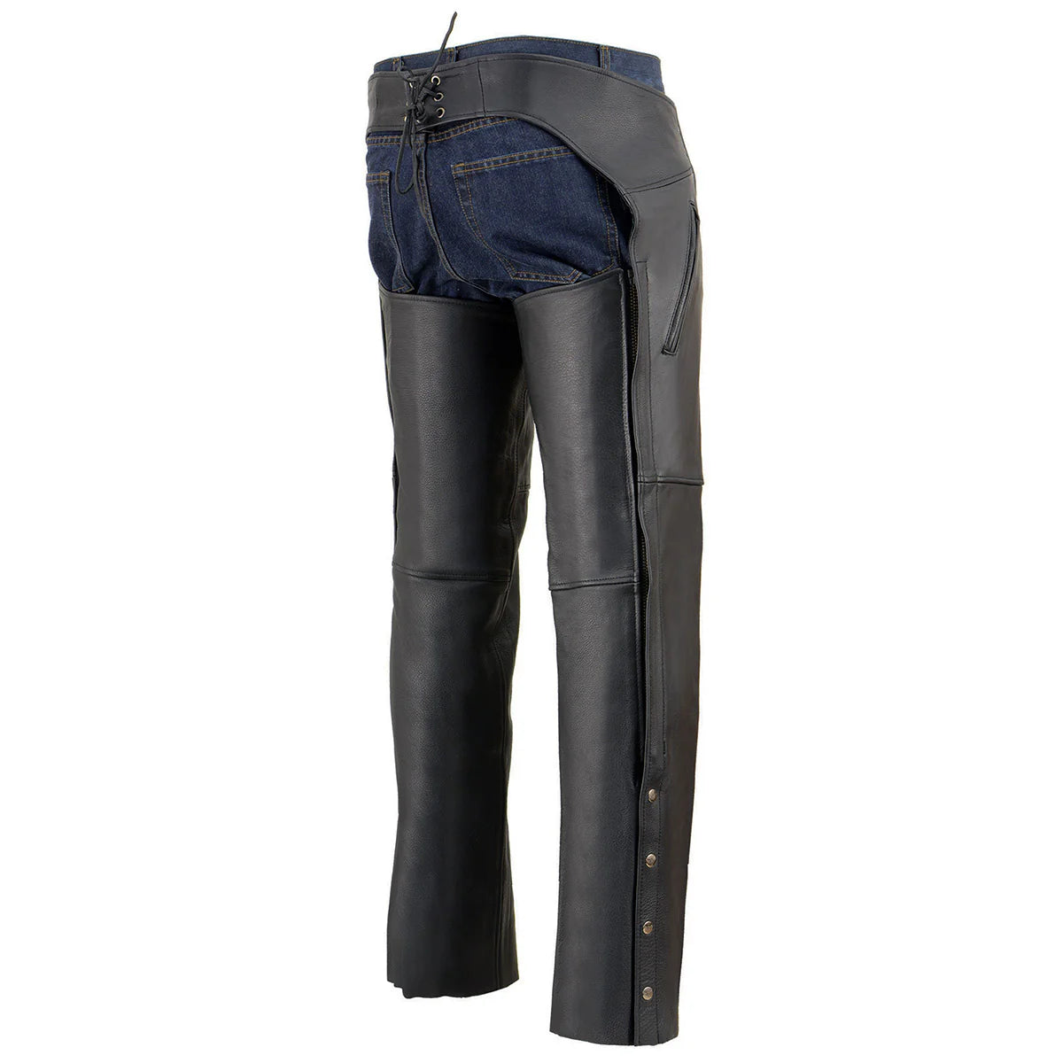 Men's Black 'Cool-Tec' Motorcycle Leather Chaps with Zippered Thigh Pockets