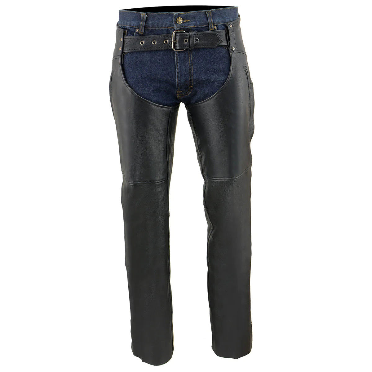 Men's Black 'Cool-Tec' Motorcycle Leather Chaps with Zippered Thigh Pockets