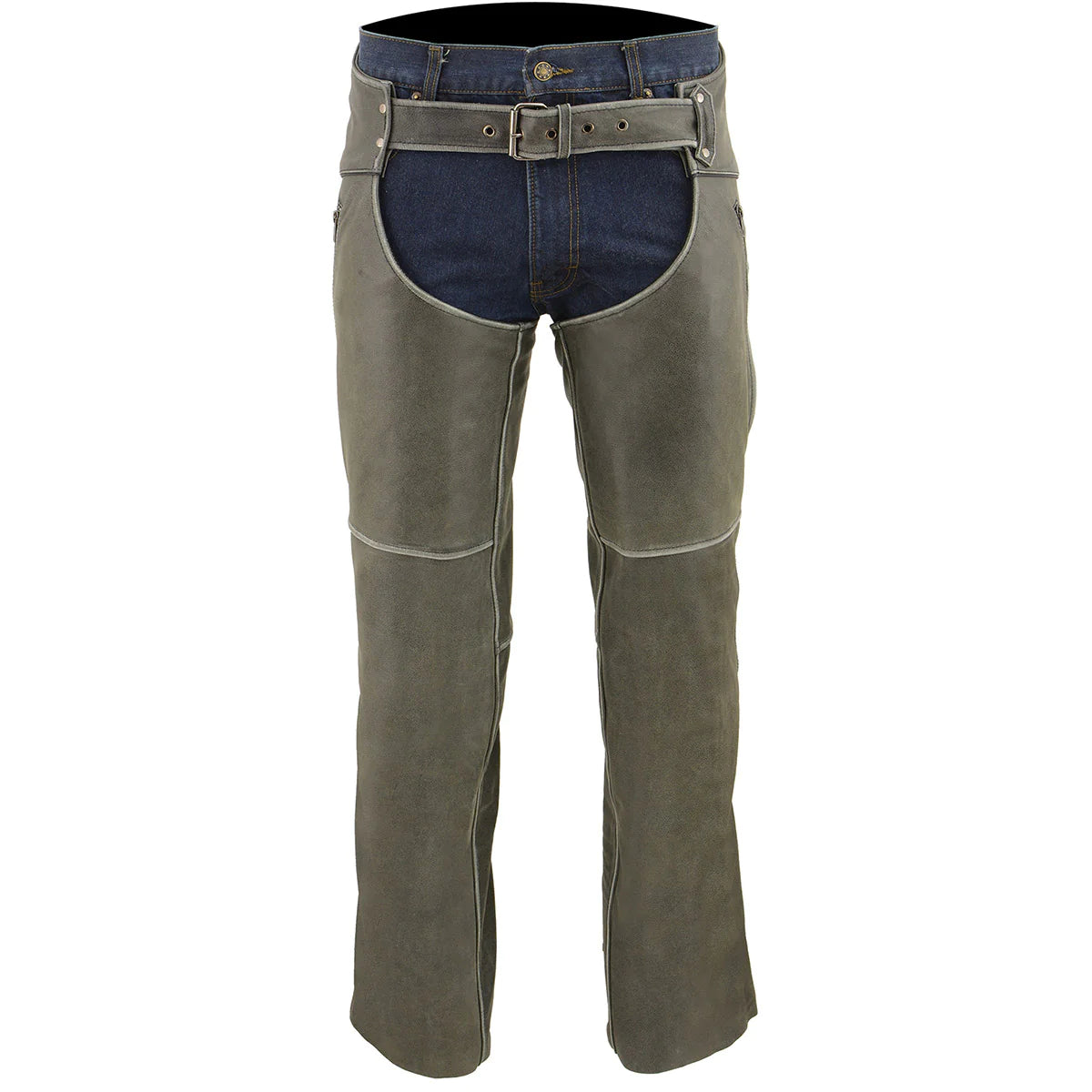 Men's Vintage Grey Slate Leather Chaps with Deep Thigh Pockets