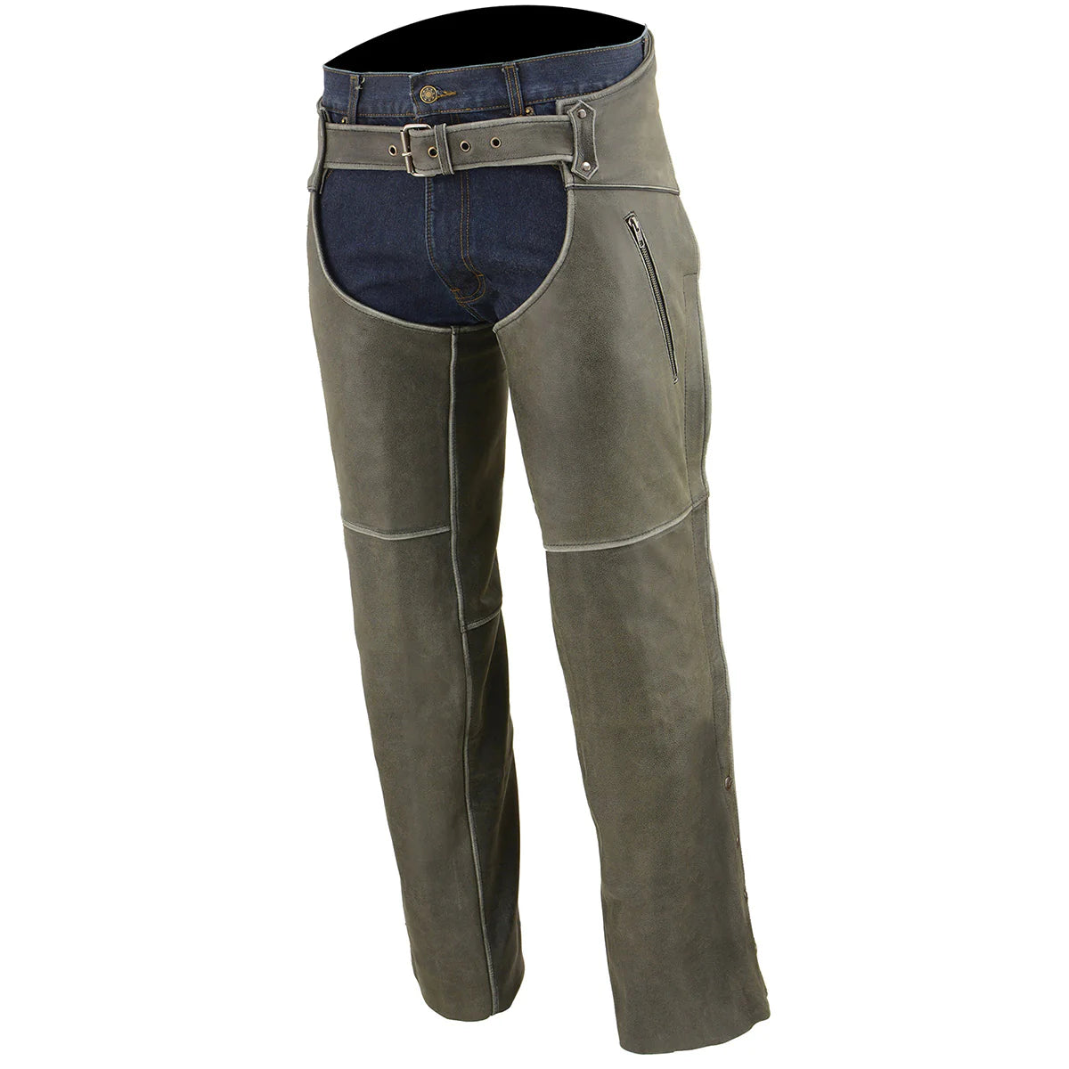 Men's Vintage Grey Slate Leather Chaps with Deep Thigh Pockets