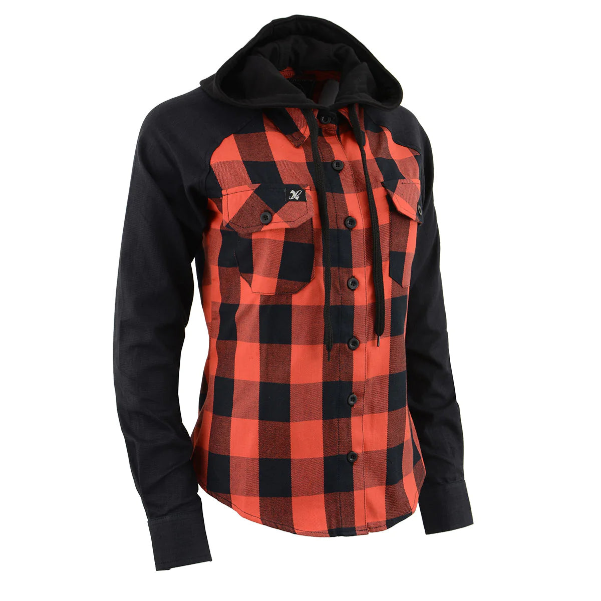 Women's Casual Black and Red Long Sleeve Cotton Flannel Shirt with Hoodie