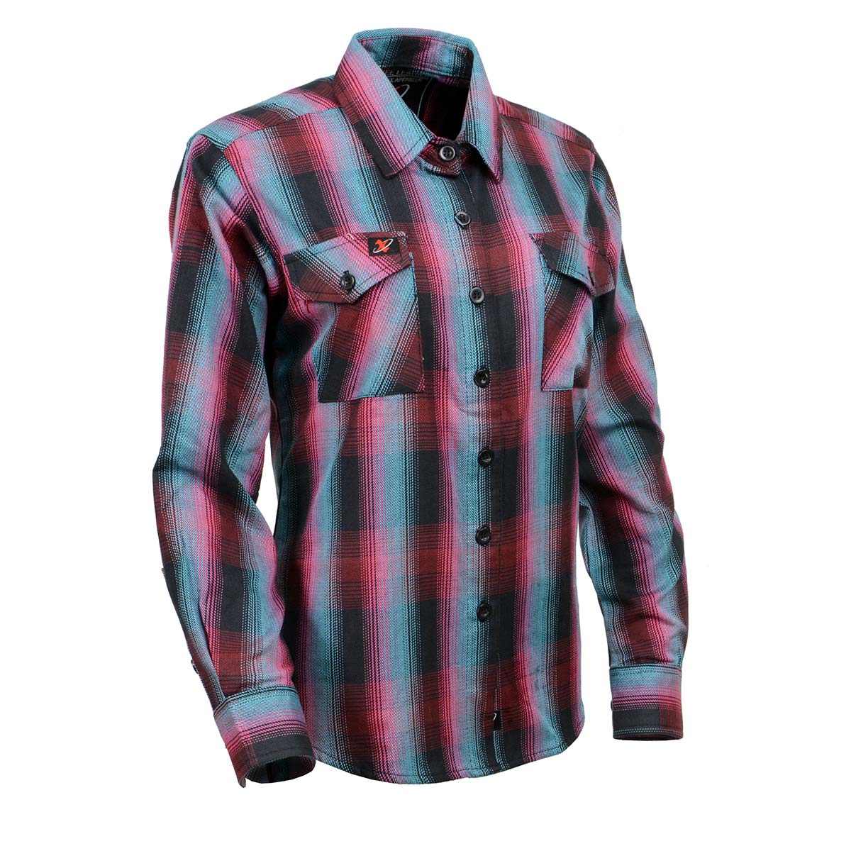 Women's Black and Pink with Blue Long Sleeve Cotton Flannel Shirt