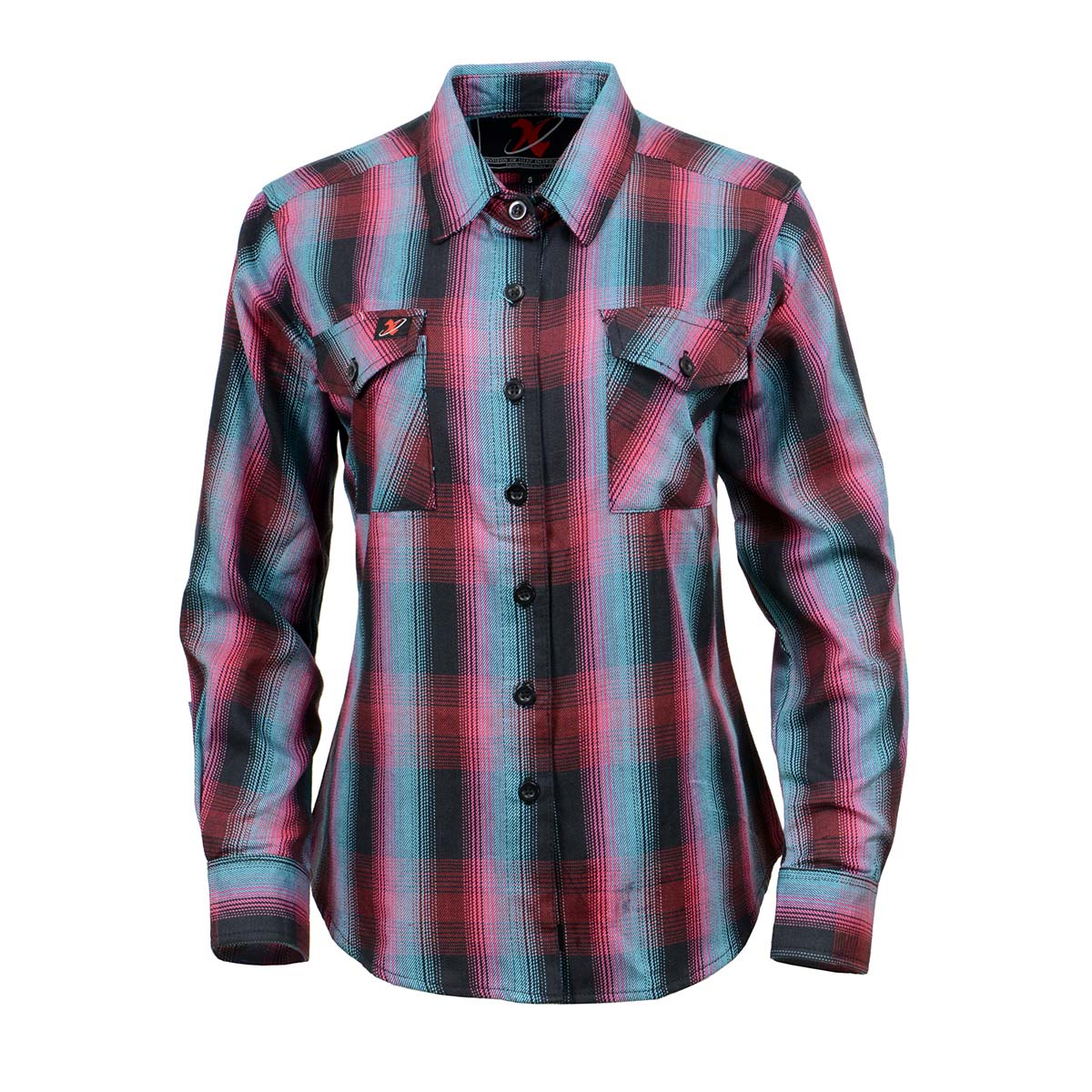 Women's Black and Pink with Blue Long Sleeve Cotton Flannel Shirt