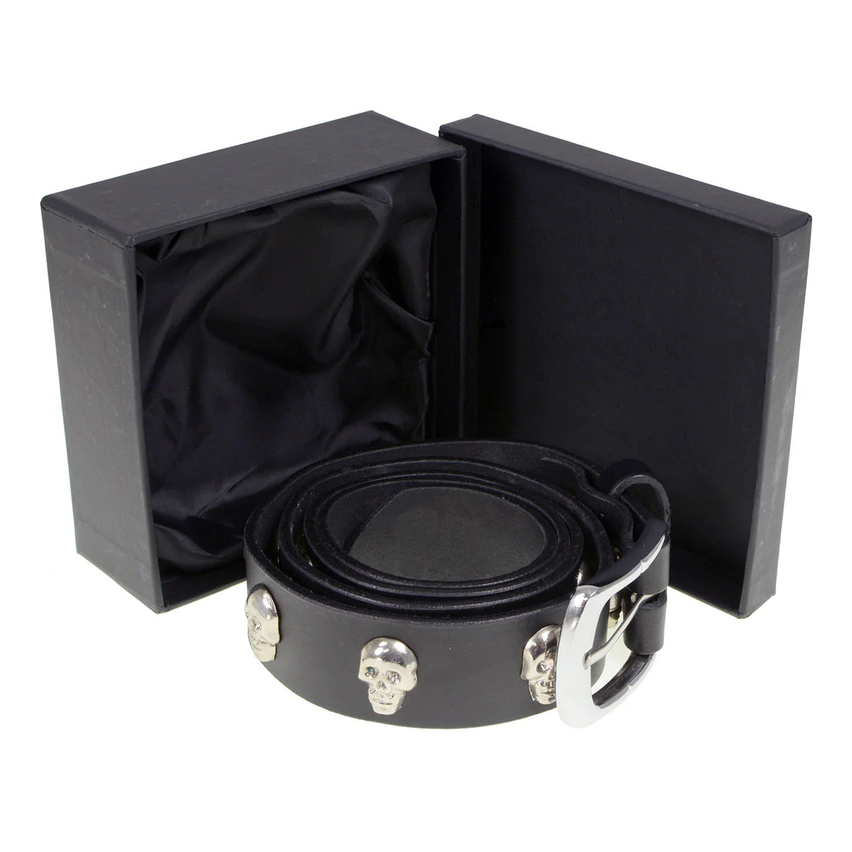 Men's Black Skull Heads Genuine Leather Belt for Biker with Buckle - 1.5 inches Wide