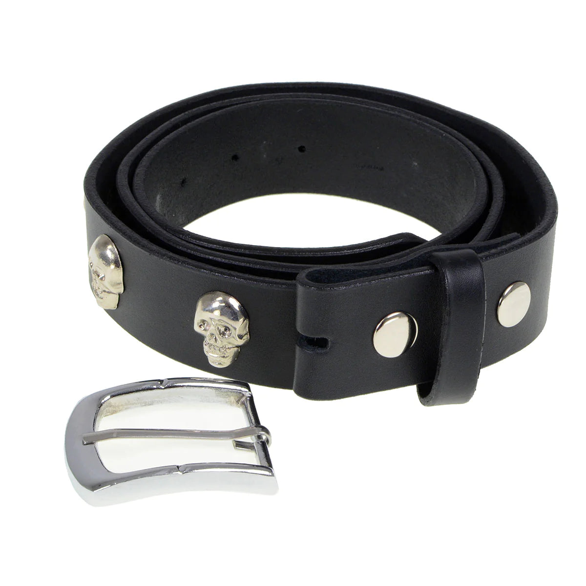 Men's Black Skull Heads Genuine Leather Belt for Biker with Buckle - 1.5 inches Wide
