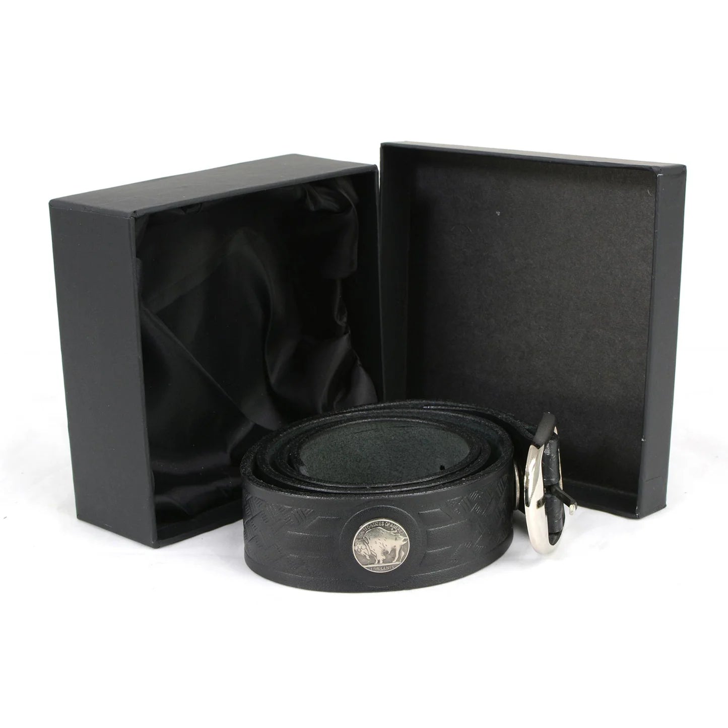 Men's Cross Hatch & 5 Cent Buffalo-Black Genuine Leather Belt w/ Interchangeable Buckle-1.5 In Wide