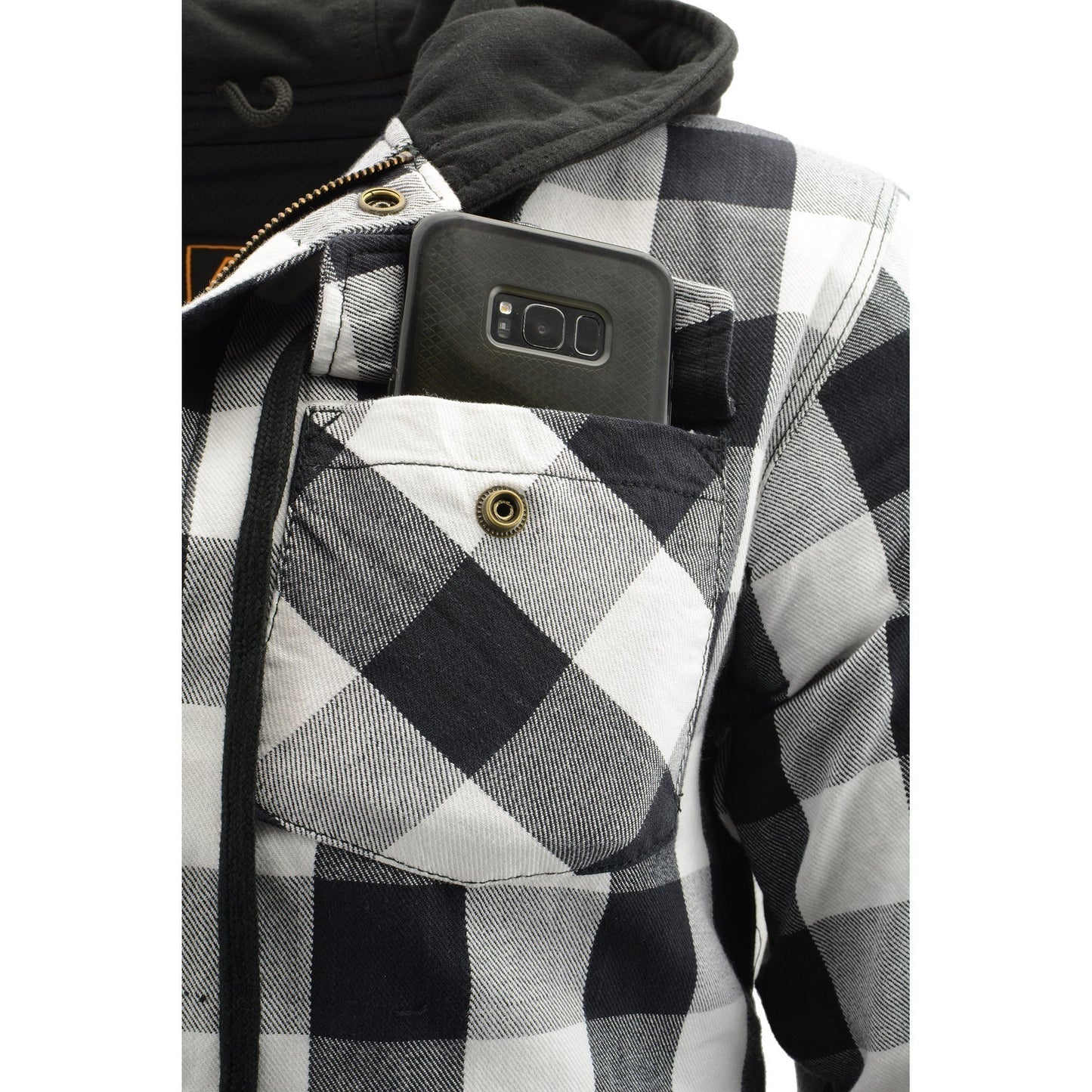 Men's Plaid Hooded Flannel Biker Shirt with CE Approved Armor - Reinforced w/ Aramid Fibers