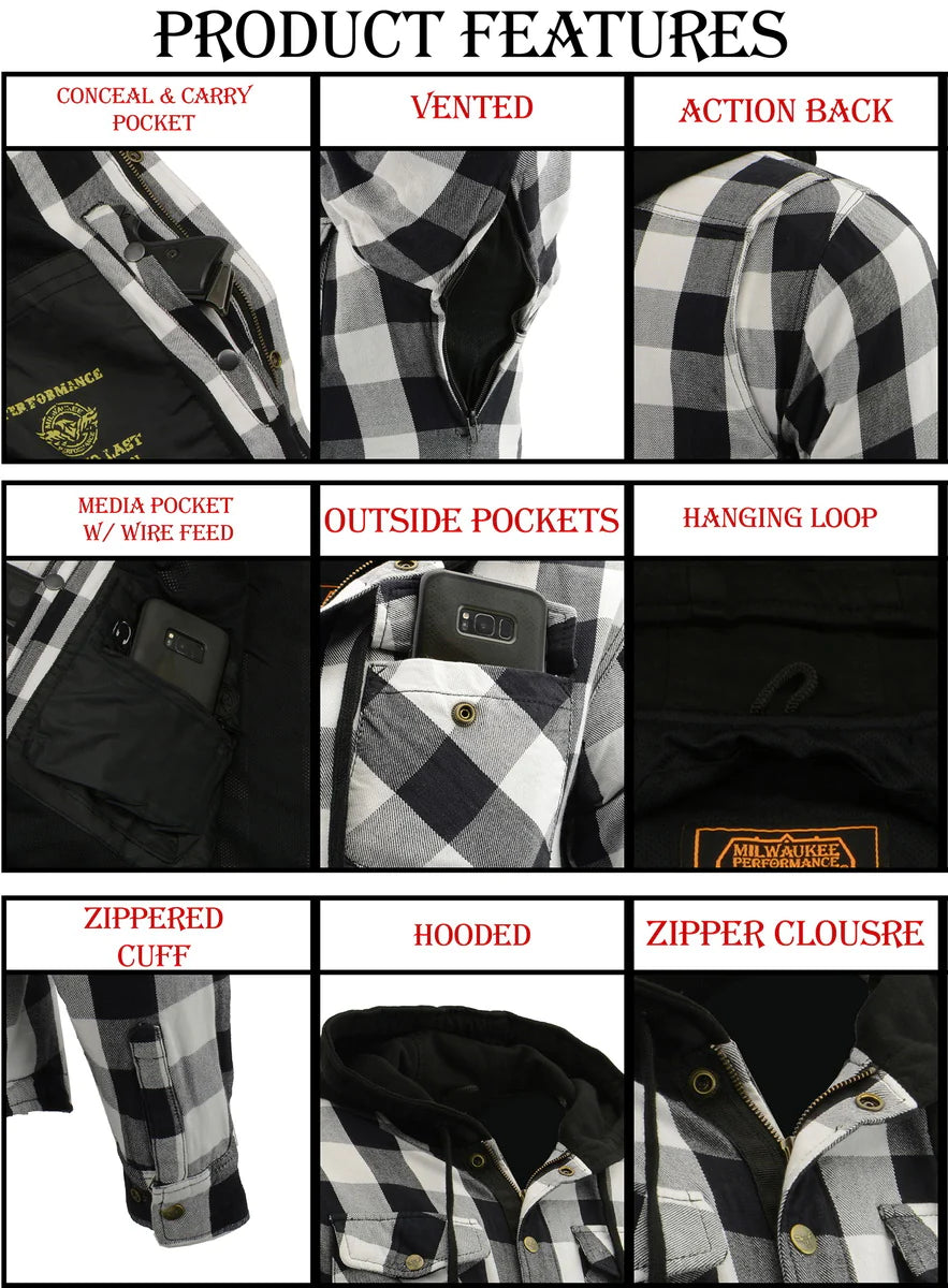 Men's Plaid Hooded Flannel Biker Shirt with CE Approved Armor - Reinforced w/ Aramid Fibers