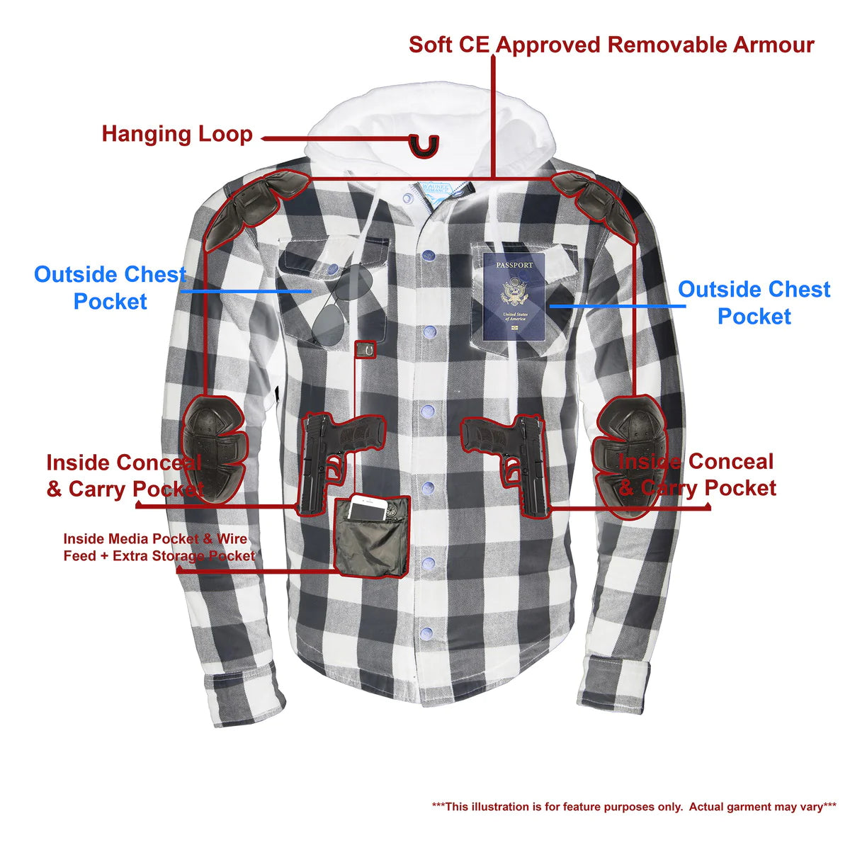 Men's Plaid Hooded Flannel Biker Shirt with CE Approved Armor - Reinforced w/ Aramid Fibers