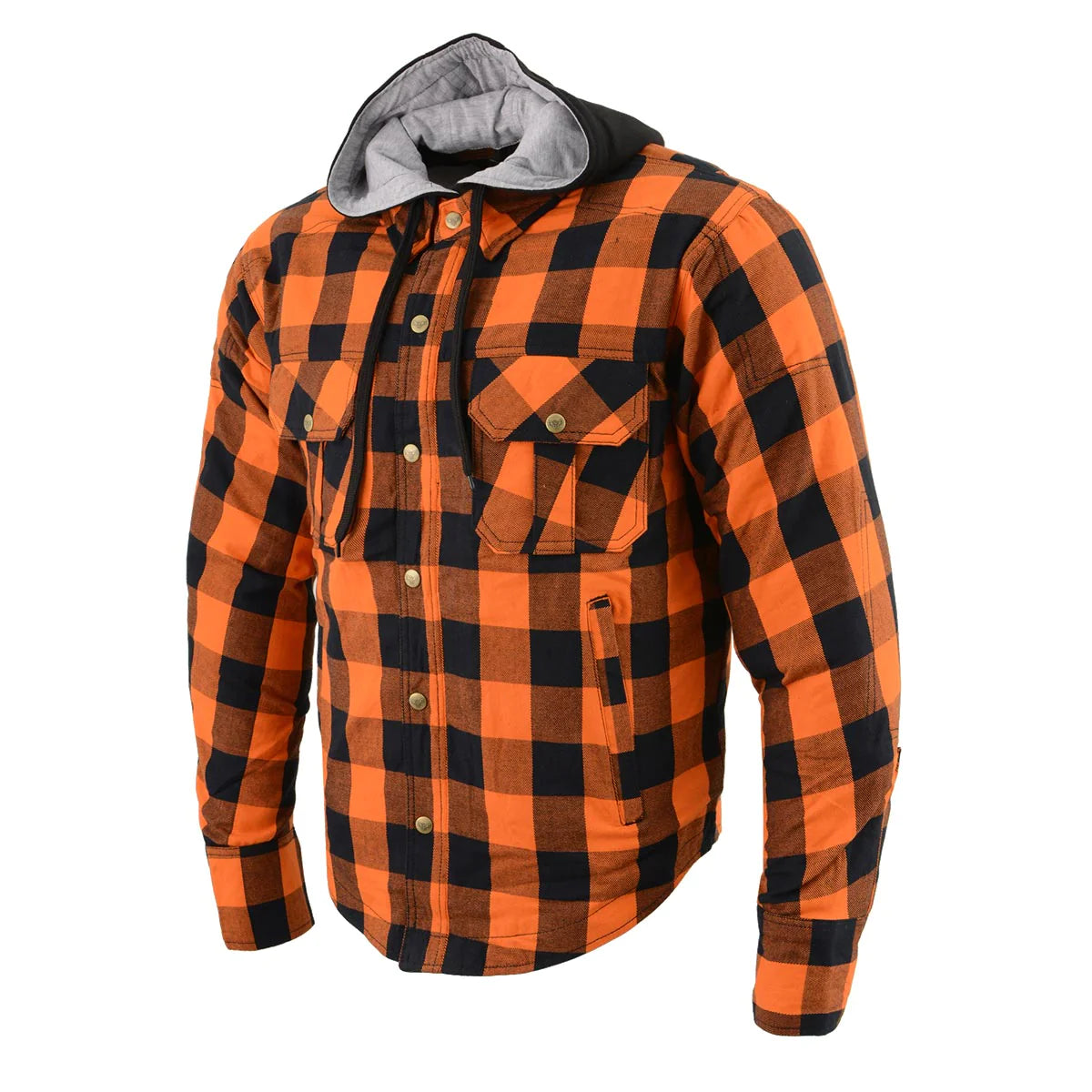 Men's Plaid Hooded Flannel Biker Shirt with CE Approved Armor - Reinforced w/ Aramid Fibers