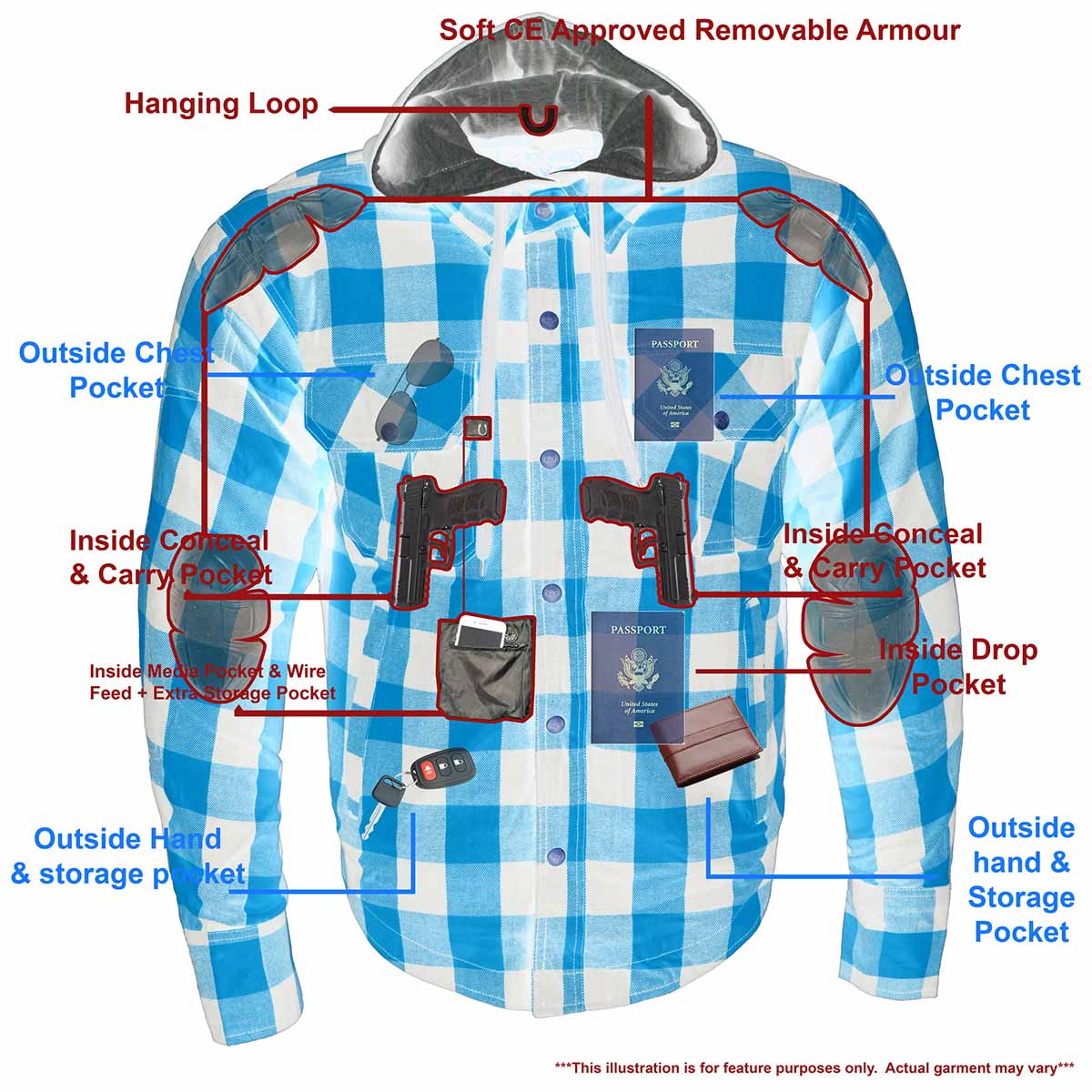 Men's Plaid Hooded Flannel Biker Shirt with CE Approved Armor - Reinforced w/ Aramid Fibers