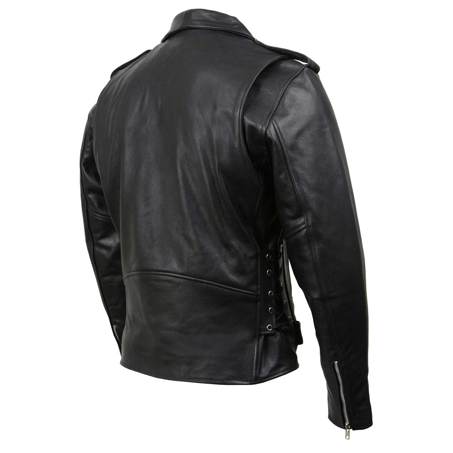 Black Classic Police Motorcycle Jacket for Men Made of Cowhide Leather w/ Side Lacing