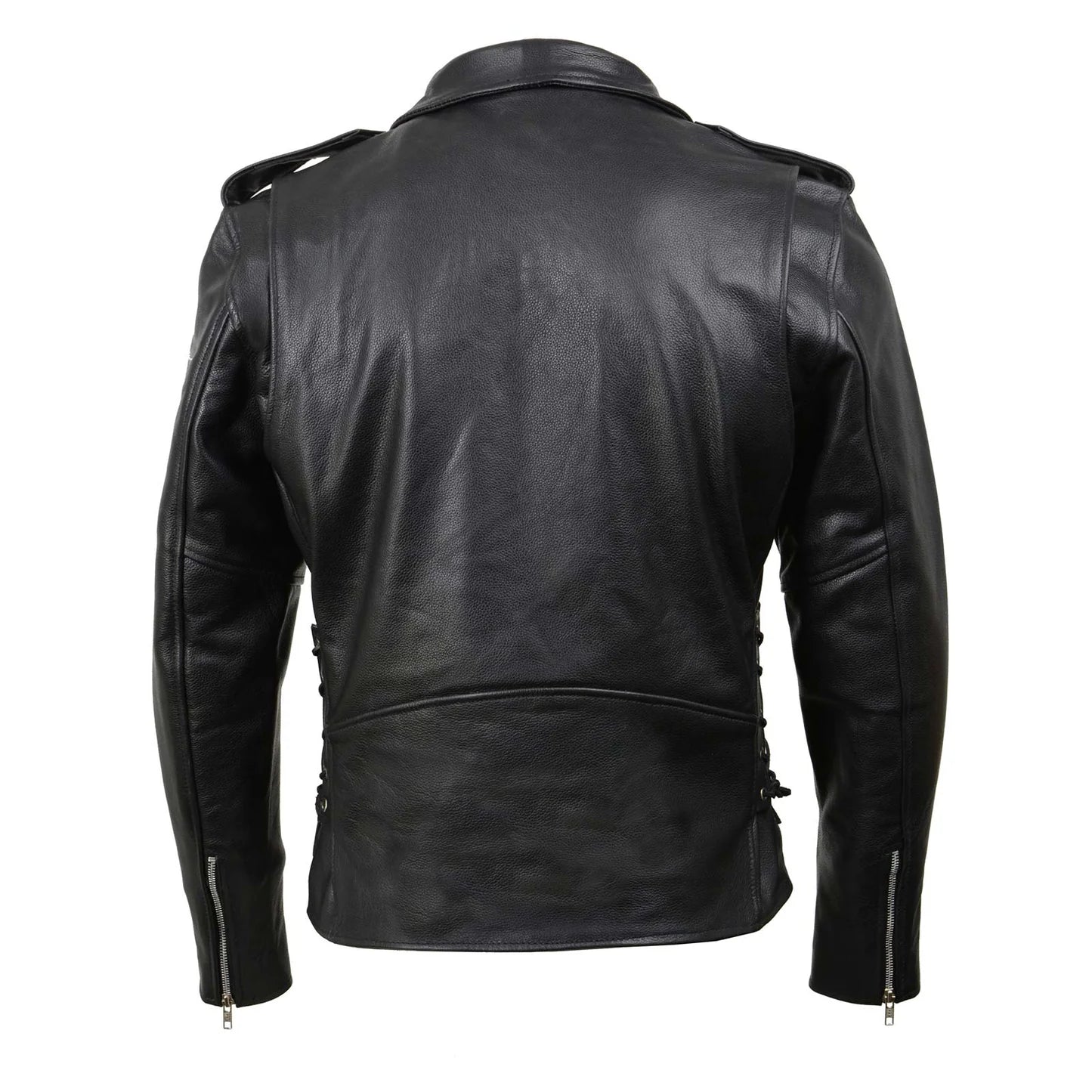 Black Classic Police Motorcycle Jacket for Men Made of Cowhide Leather w/ Side Lacing