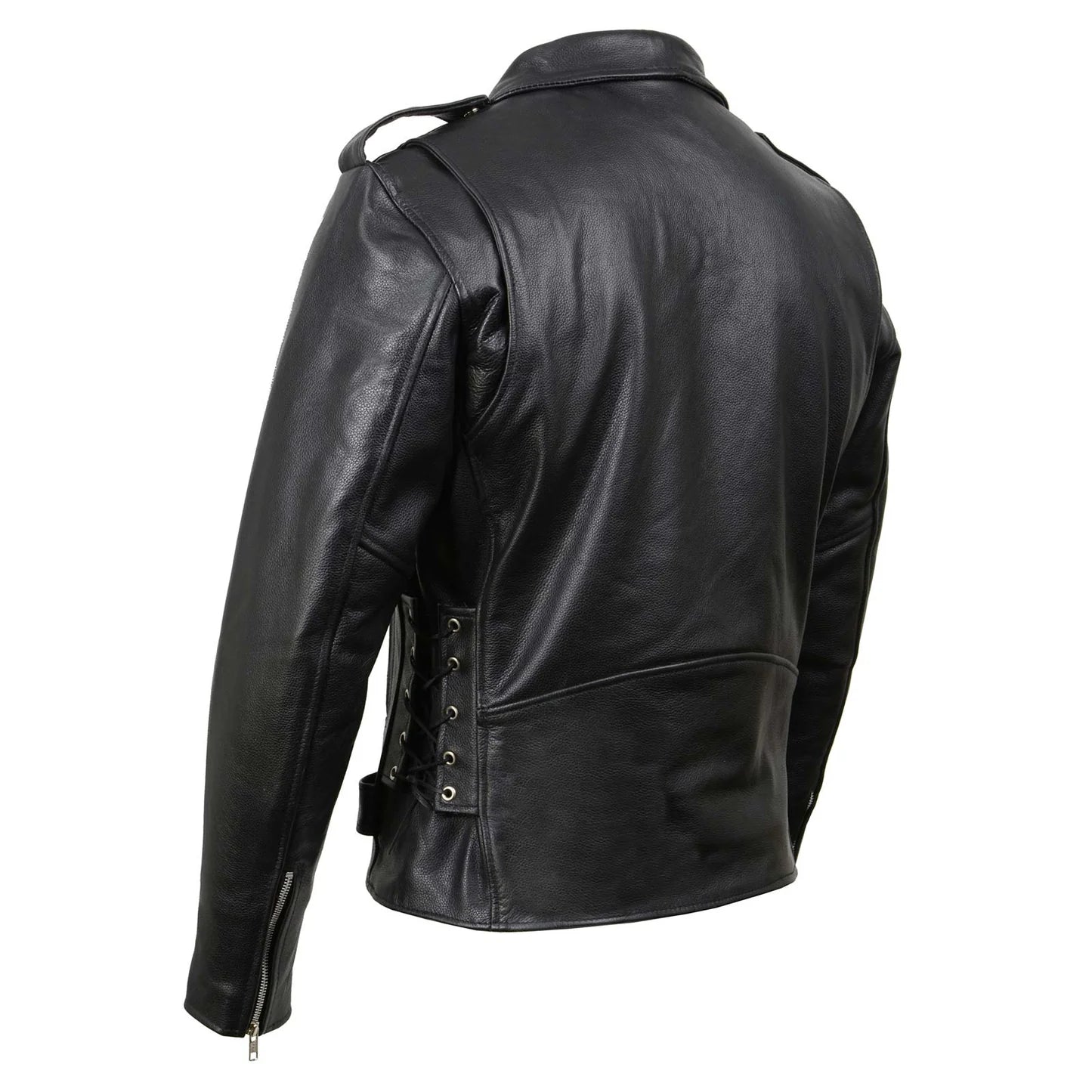 Black Classic Police Motorcycle Jacket for Men Made of Cowhide Leather w/ Side Lacing