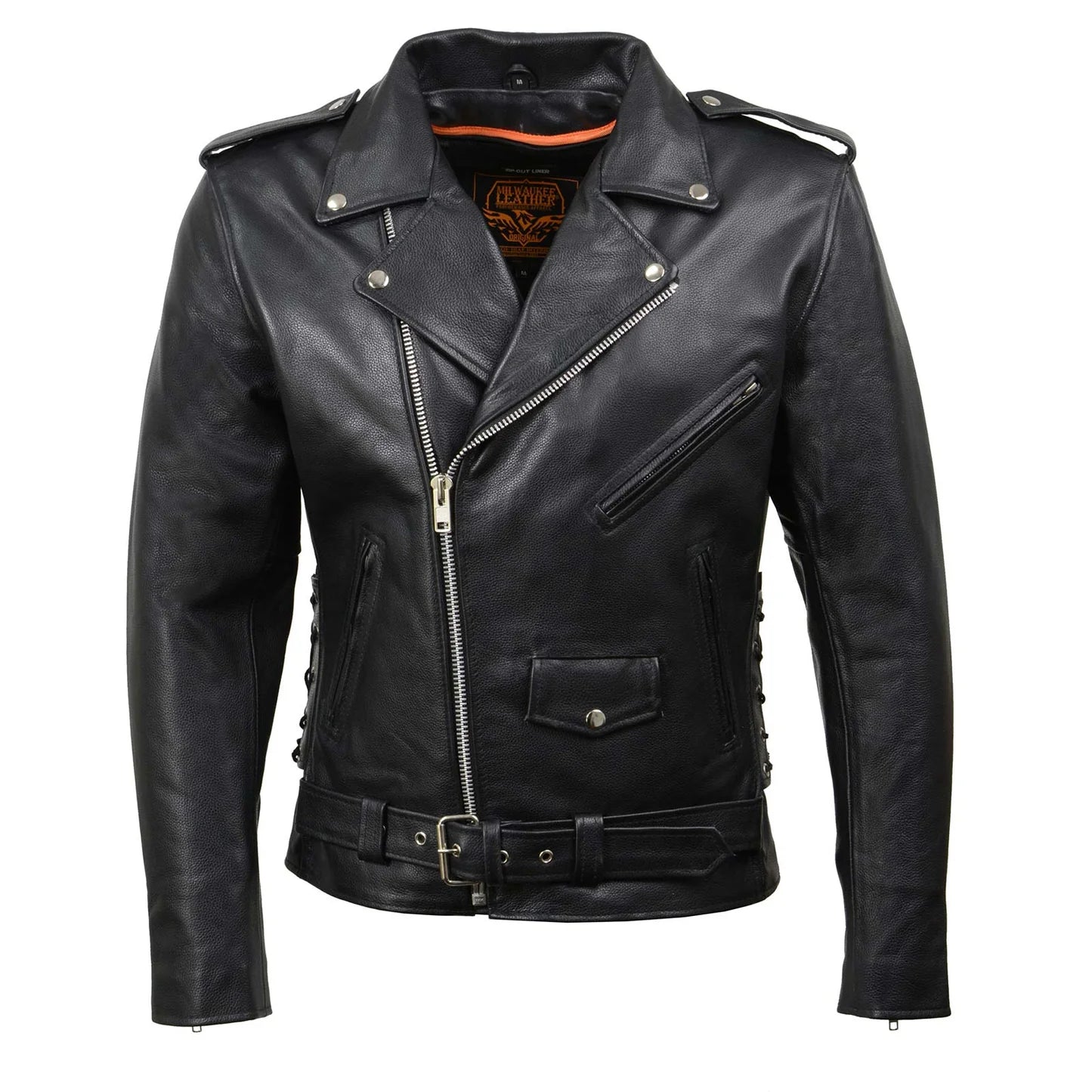 Black Classic Police Motorcycle Jacket for Men Made of Cowhide Leather w/ Side Lacing