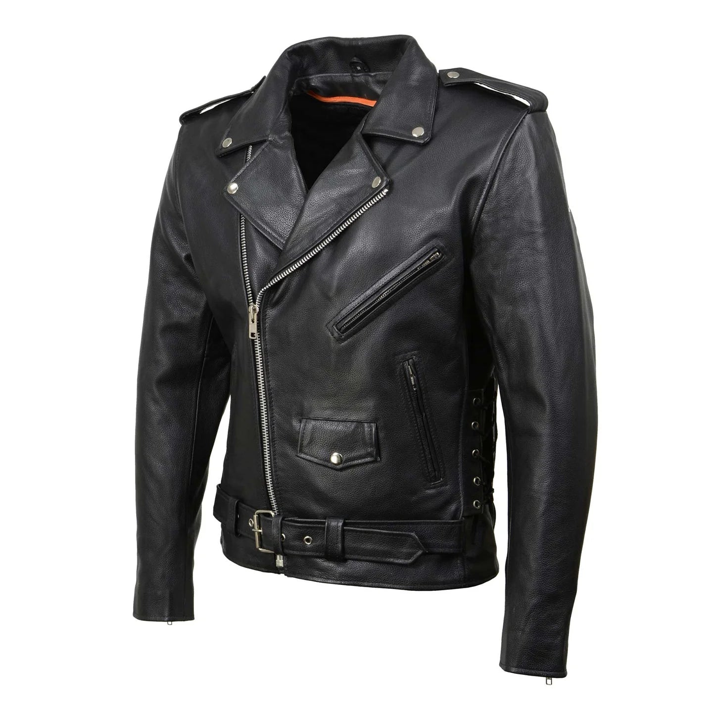 Black Classic Police Motorcycle Jacket for Men Made of Cowhide Leather w/ Side Lacing