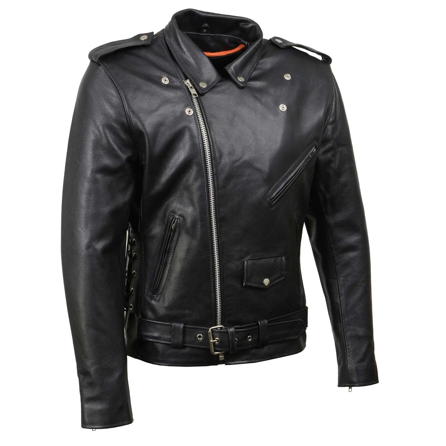 Black Classic Police Motorcycle Jacket for Men Made of Cowhide Leather w/ Side Lacing