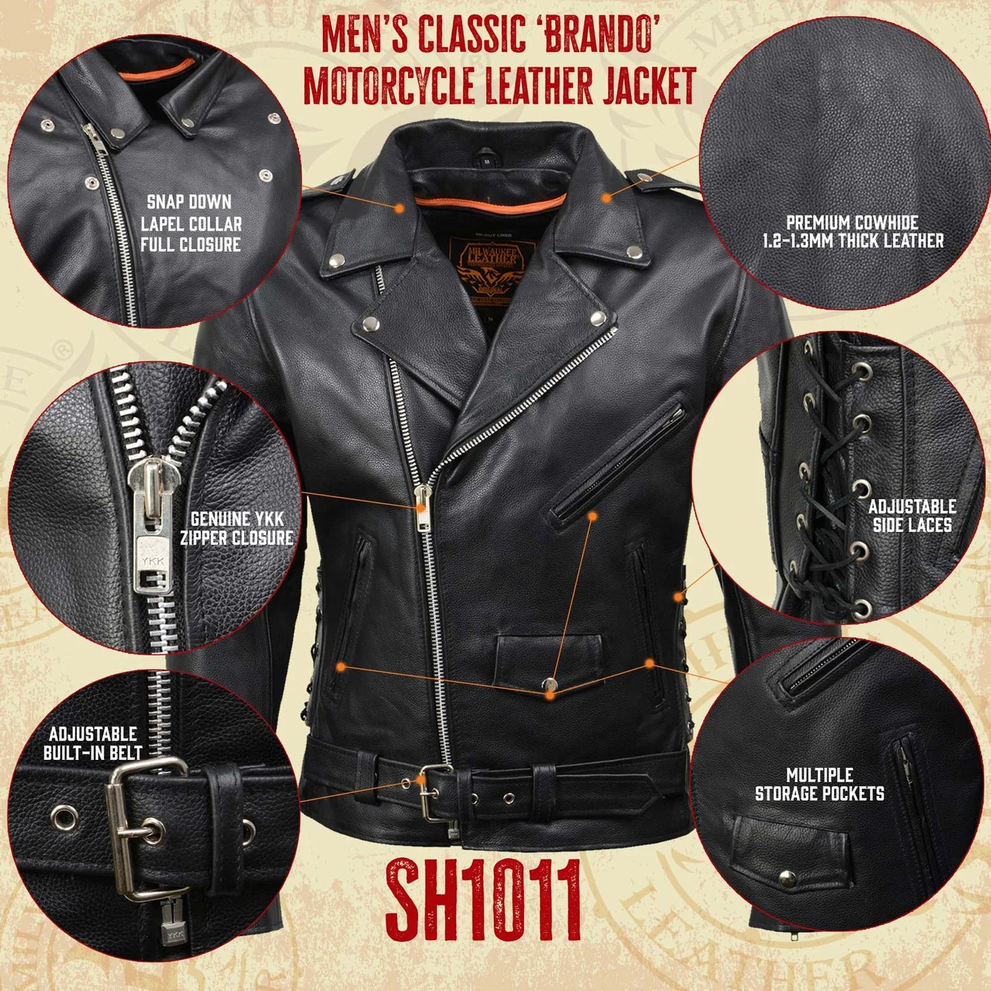 Black Classic Police Motorcycle Jacket for Men Made of Cowhide Leather w/ Side Lacing