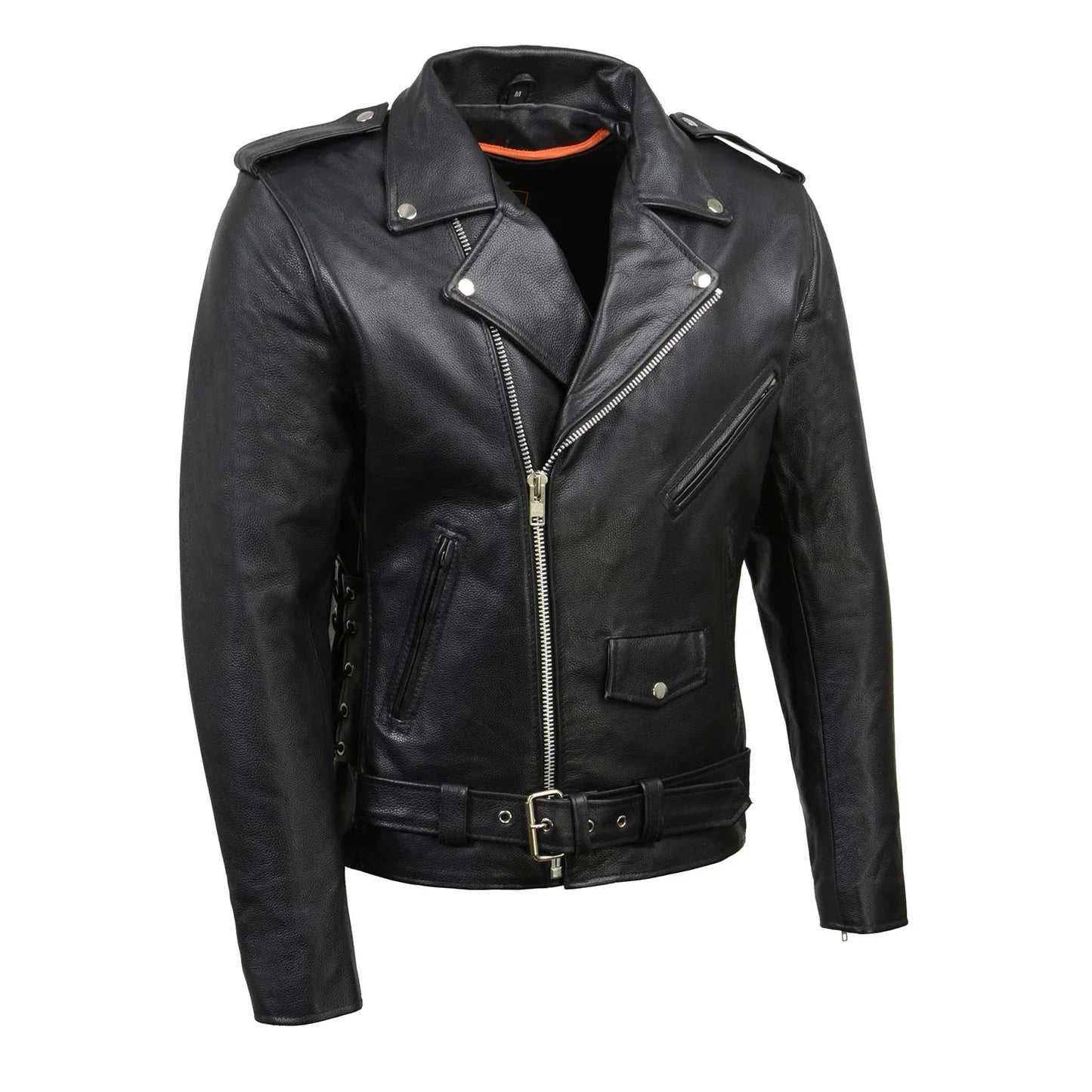 Black Classic Police Motorcycle Jacket for Men Made of Cowhide Leather w/ Side Lacing
