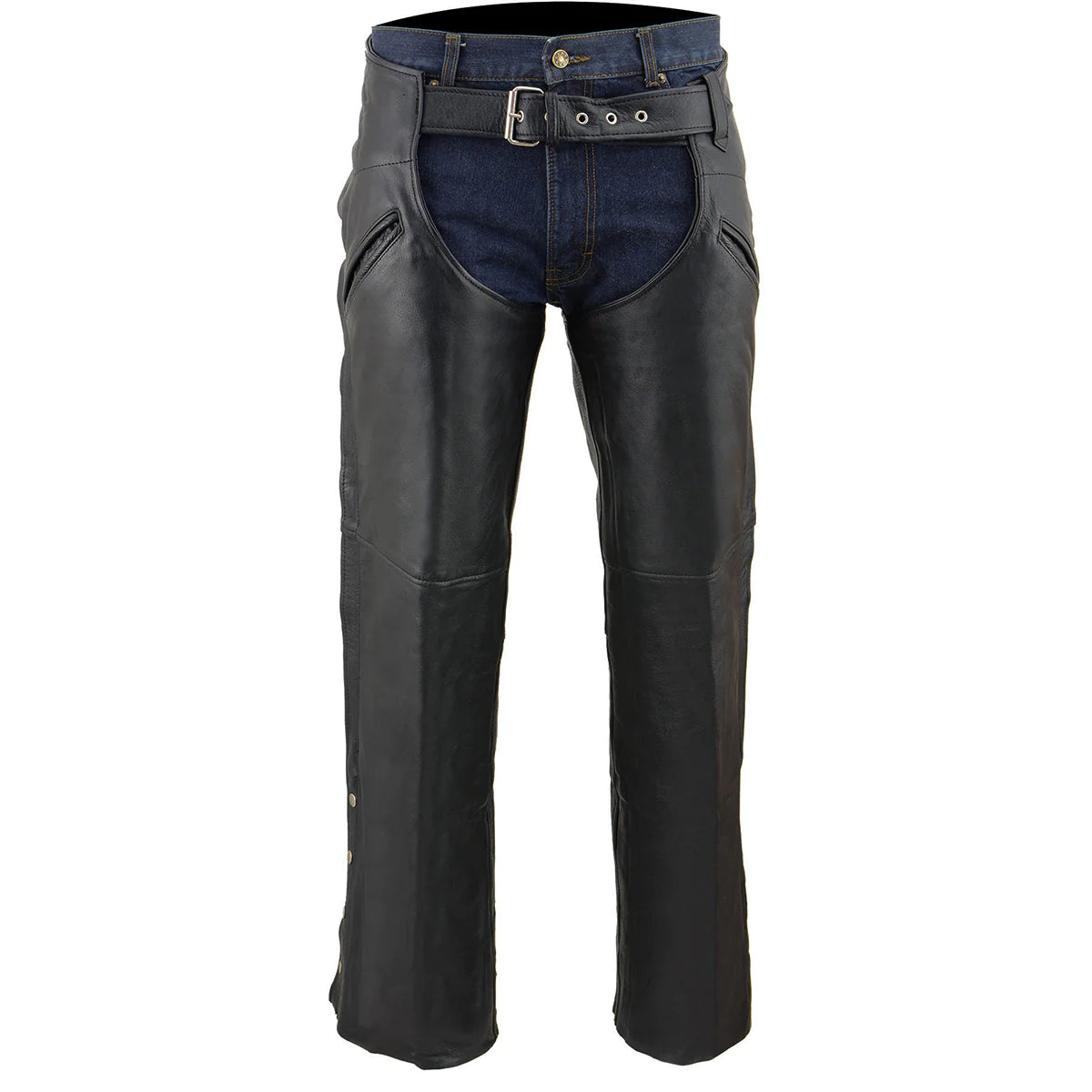 Men's Black Leather Slash Pocket Motorcycle Chaps