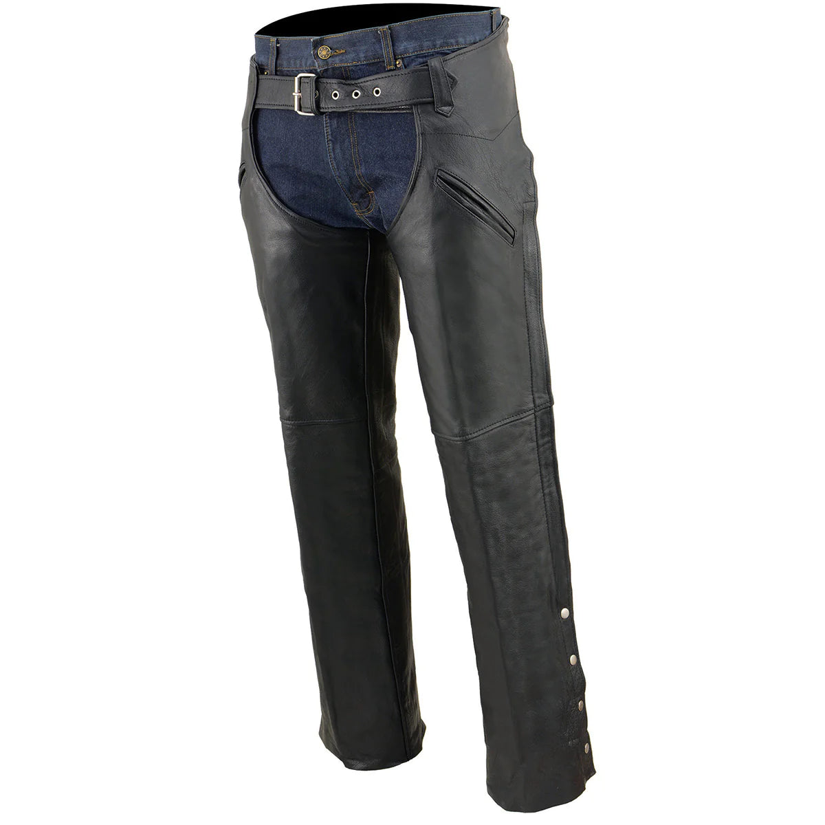 Men's Black Leather Slash Pocket Motorcycle Chaps